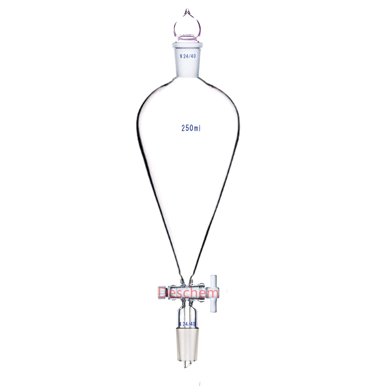 250ml 24/40 Lab Glass Pear-Shaped Separatory Funnel with PTFE Stopcock - Ideal for Chemical Extraction, Liquid Separation & Laboratory Experiments