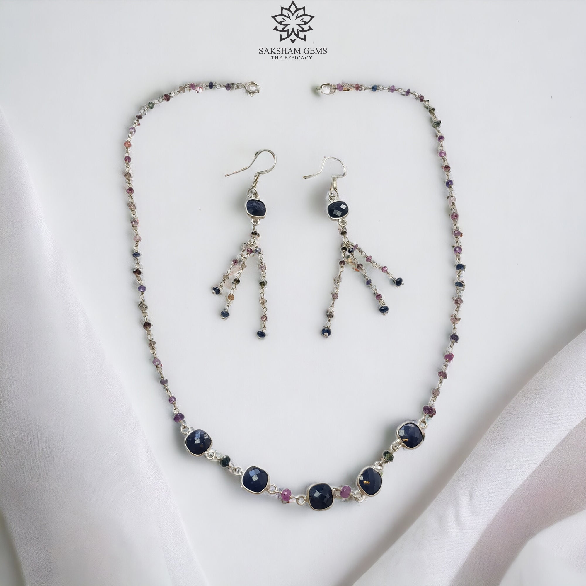 925 Sterling Silver Natural Blue & Multi Sapphire Beads Necklace & Earrings Set - 9.66g Untreated Gemstone Jewelry for Women, Gift for Her, Perfect for Weddings, Parties & Special Occasions