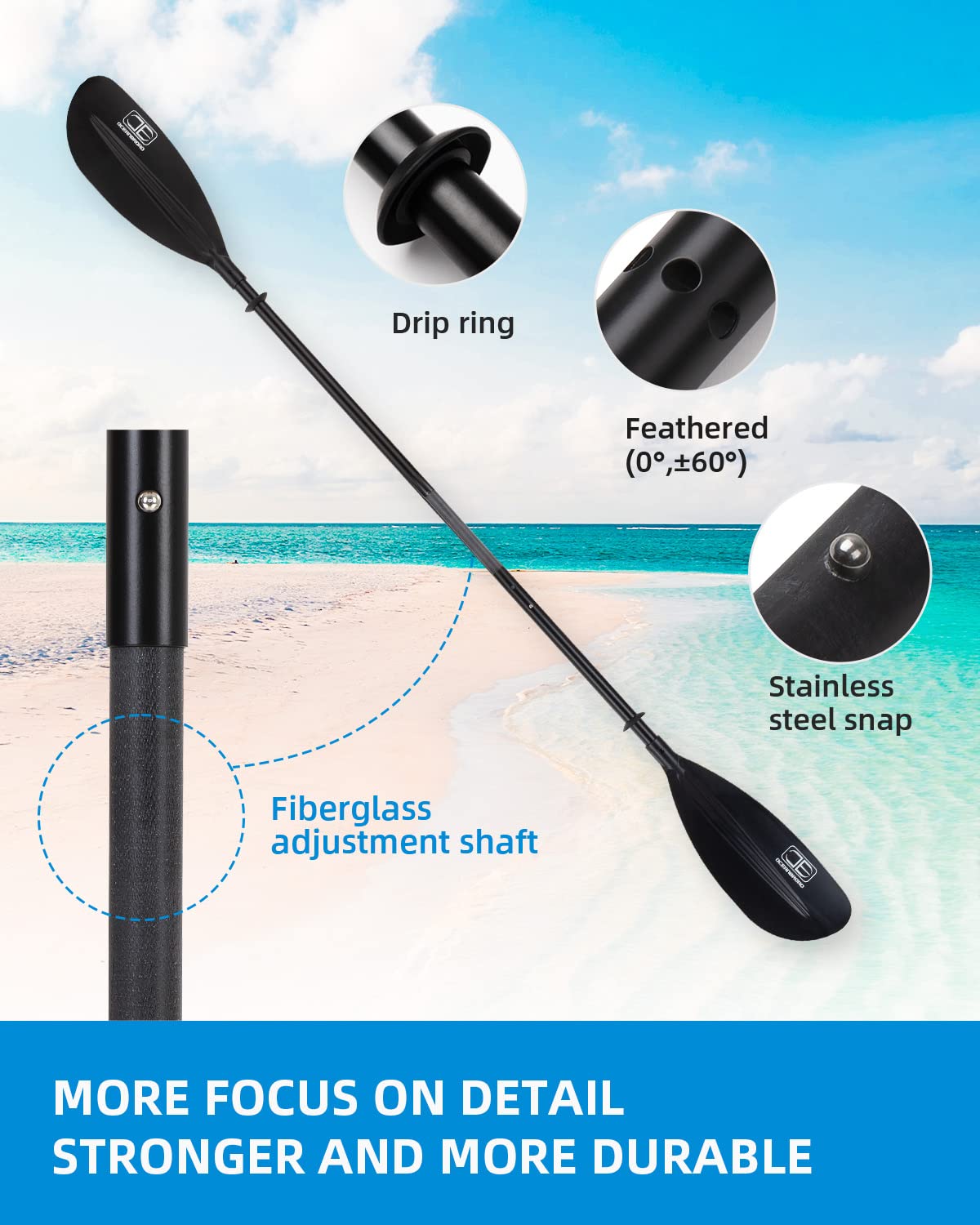 OCEANBROAD Adjustable Kayak Paddle 86-94 inches (220-240cm) - Lightweight Aluminum Shaft with Ergonomic Grip & Paddle Leash - Perfect for Kayaking, Canoeing, and Boating Adventures on Lakes, Rivers, and Coastal Waters