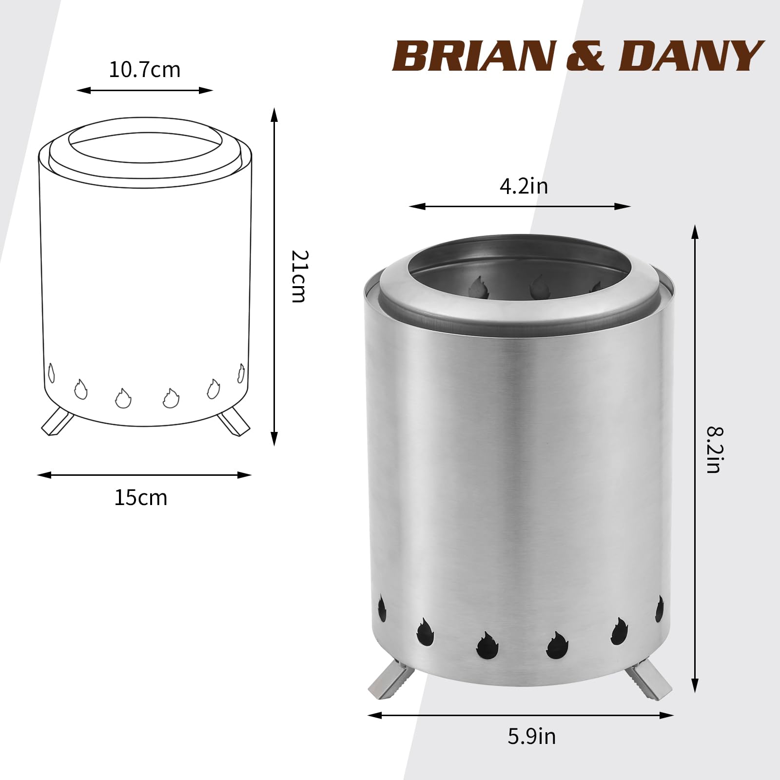 BRIAN & DANY Smokeless Solo Fire Pit with Stand - Stainless Steel Portable Outdoor Fireplace for Wood or Pellets - Perfect for Camping, Backyard, Patio - 5.9