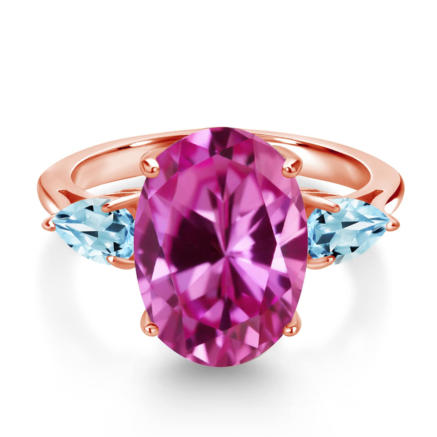 7.00 Ct Oval Pink Created Sapphire & Sky Blue Topaz 18K Rose Gold Plated Silver 3-Stone Engagement Ring for Women - Elegant Wedding, Anniversary, Promise Gift Idea