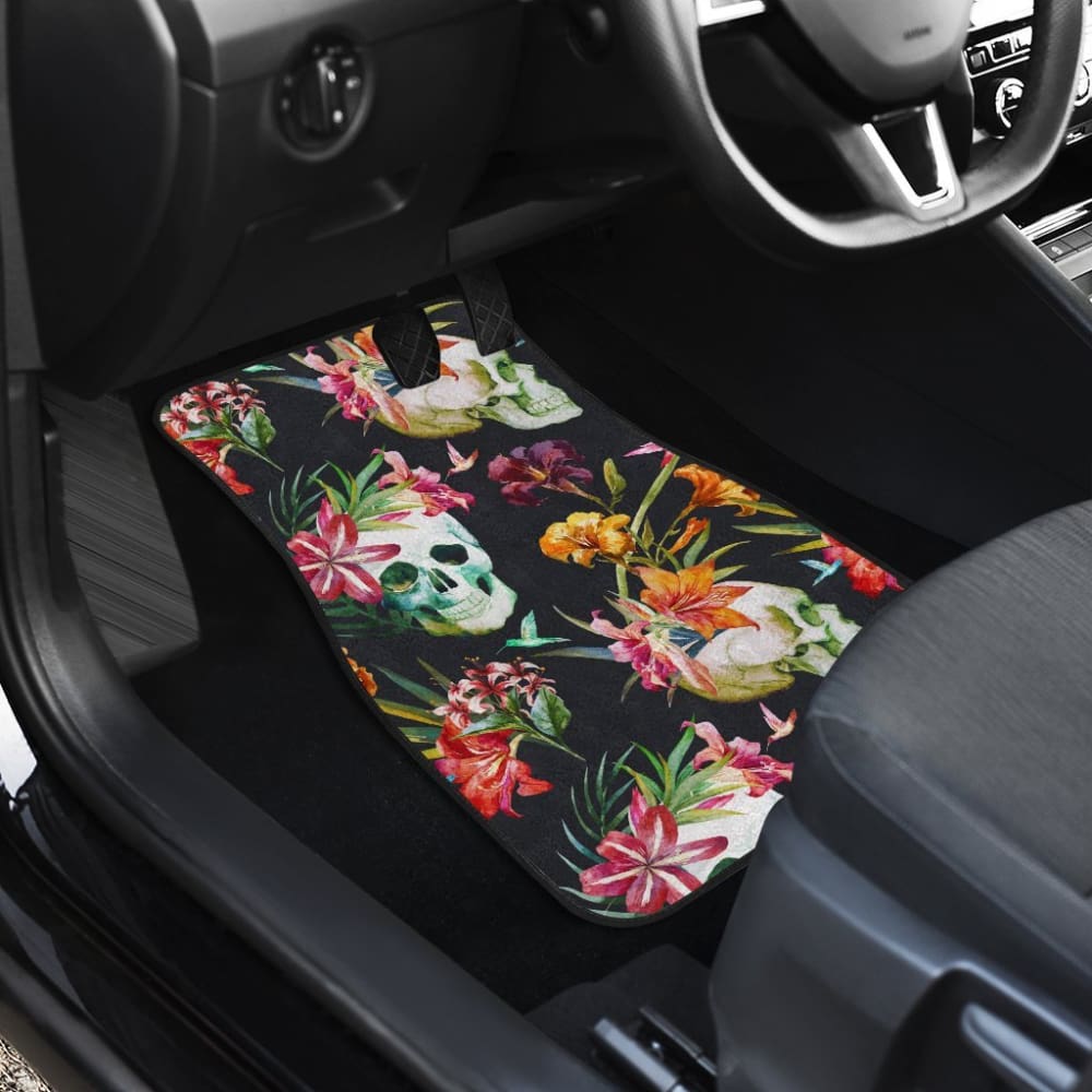4 Pcs Floral Sugar Skull Car Mats - Non-Slip Floor Mats for Cars, Trucks & SUVs - Perfect for Day of the Dead Decor & Automotive Protection