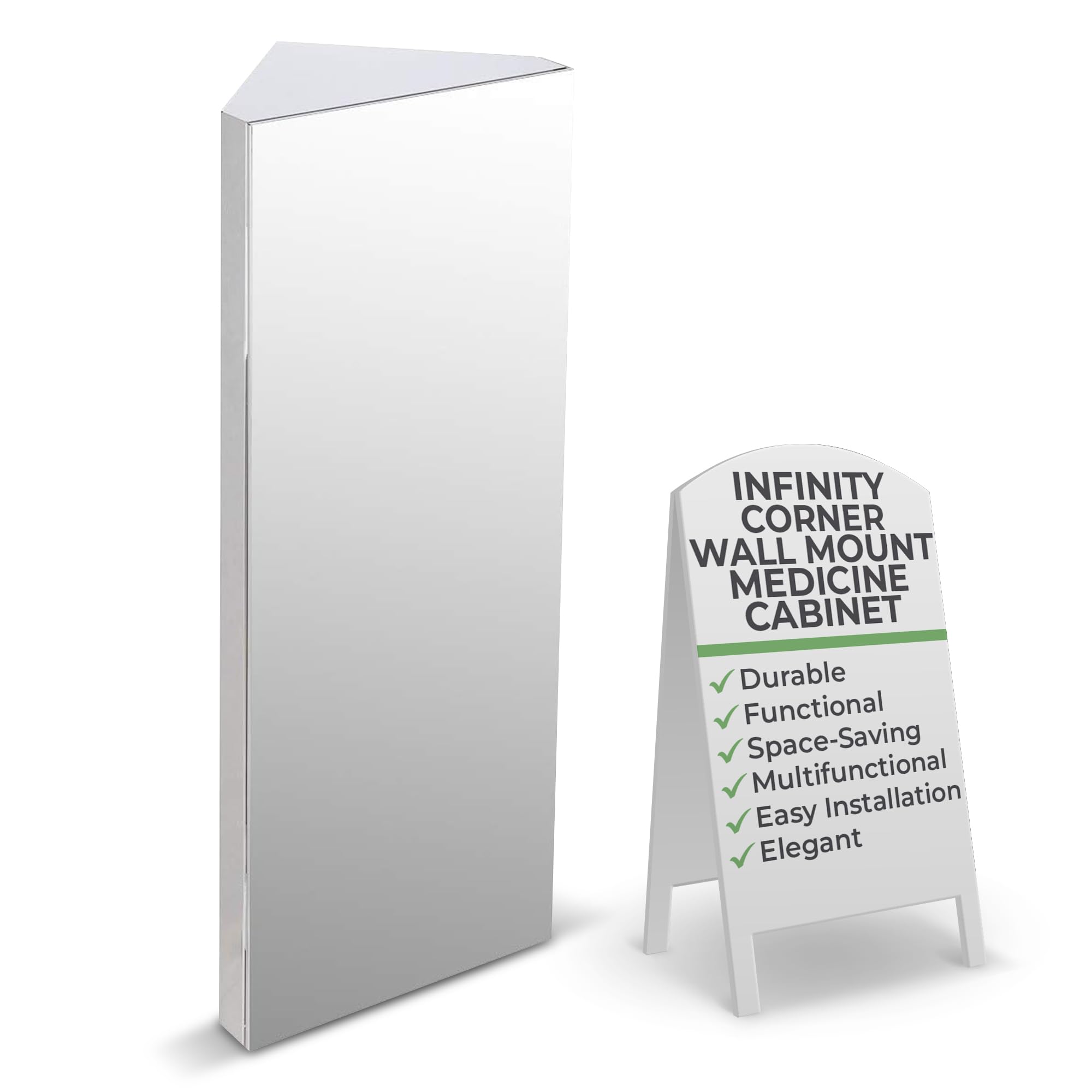 Renovators Supply Infinity Corner Medicine Cabinet with Mirror - Triple Shelf Storage, Modern Wall Mount Bathroom Cabinet - 31.5 Inch Left Open, Brushed Stainless Steel (Pack of 1) - Perfect for Small Bathrooms, Vanity Storage & Space-Saving Organization