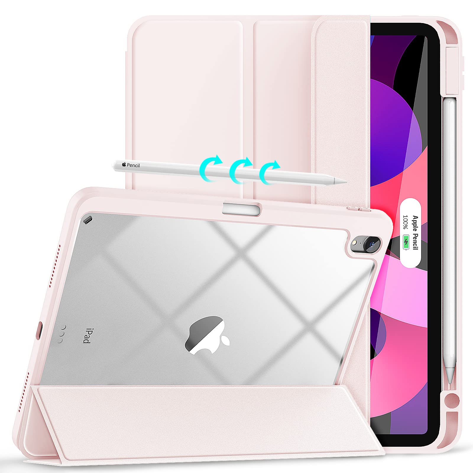 Gahwa Clear Transparent Trifold Stand Case for iPad Air 5th/4th Gen 10.9 Inch (2022/2020) with Pencil Holder - Compatible with A2589 A2591 A2316 A2324 A2072 2325 - Perfect for Work, Study & Travel - Pink