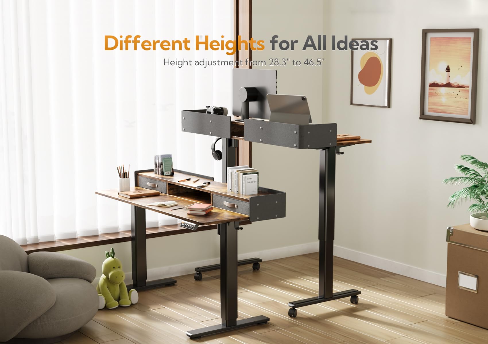 Claiks Electric Standing Desk with Drawers - 55 Inch Adjustable Height Sit Stand Desk with Storage Shelf & Splice Board - Rustic Brown Home Office Desk for Work from Home & Ergonomic Workspace