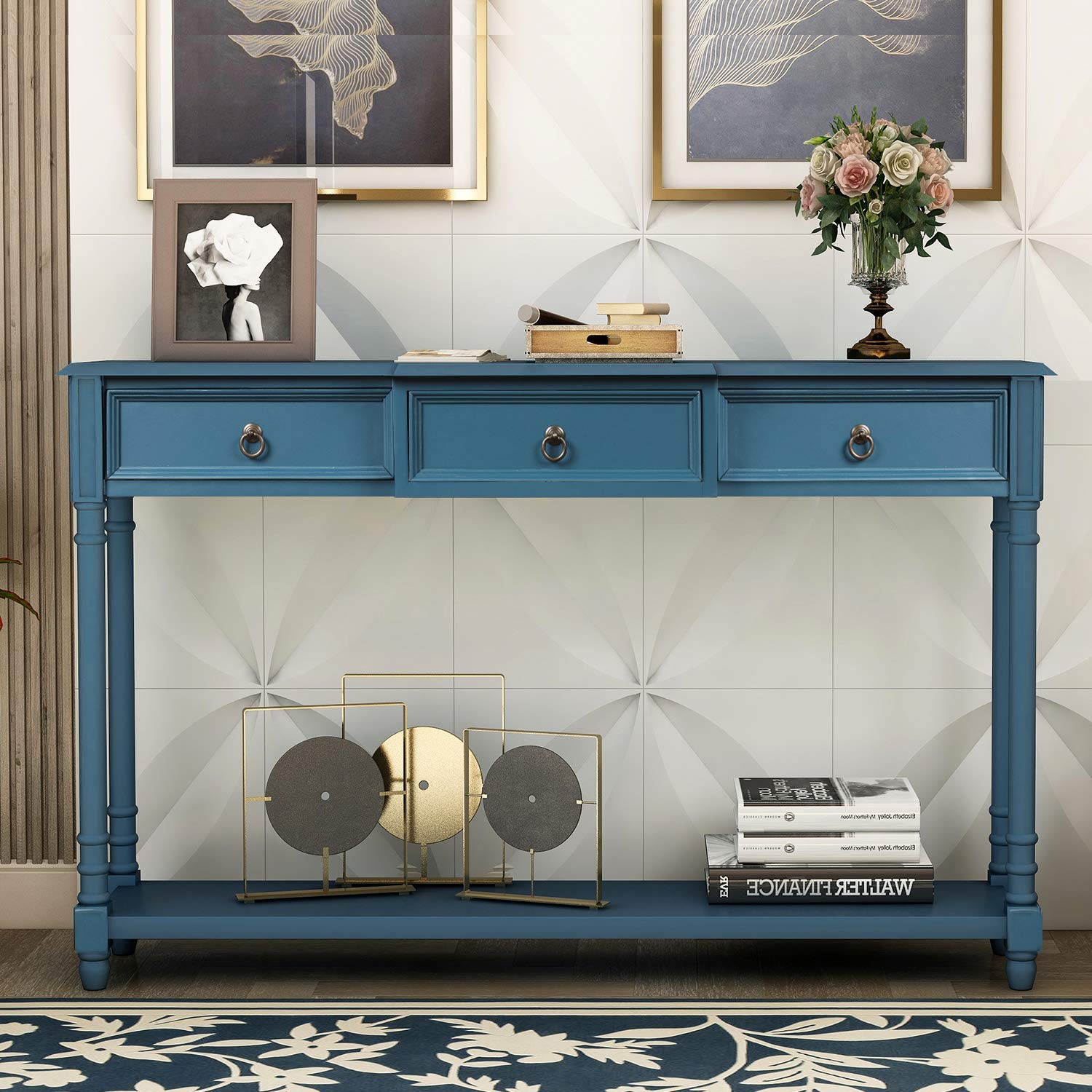 Rustic Wood Console Table with 3 Storage Drawers & Bottom Shelf - Sofa Table for Living Room, Entryway, Hallway - Easy Assembly Farmhouse Style Furniture (Antique Navy) - Perfect for Small Spaces, Behind Couch, or as Entryway Decor