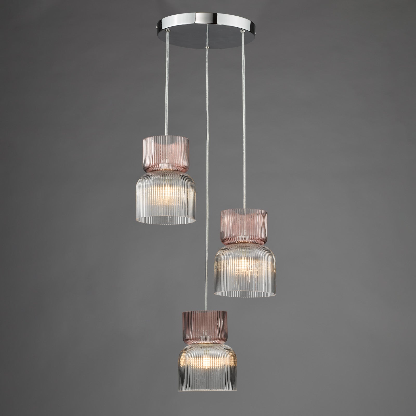 Auberta 3-Light Cluster Pendant Light Fixture - Polished Chrome with Pink Ribbed Glass Shades - G9 Base - Perfect for Dining Room, Kitchen Island or Bedroom Lighting
