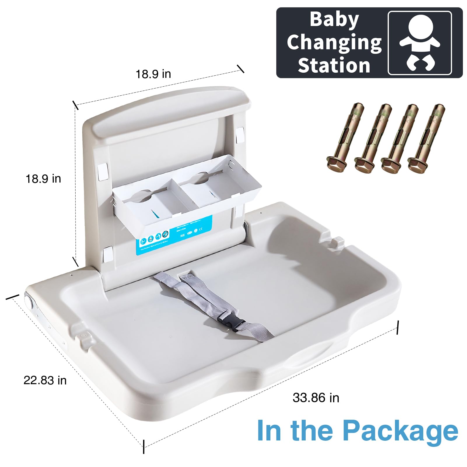 Wall Mounted Baby Changing Station - Foldable Diaper Changing Table for Commercial Restrooms | Durable HDPE Material with Safety Strap (White/Gray) | Ideal for Daycares, Shopping Malls & Public Restrooms