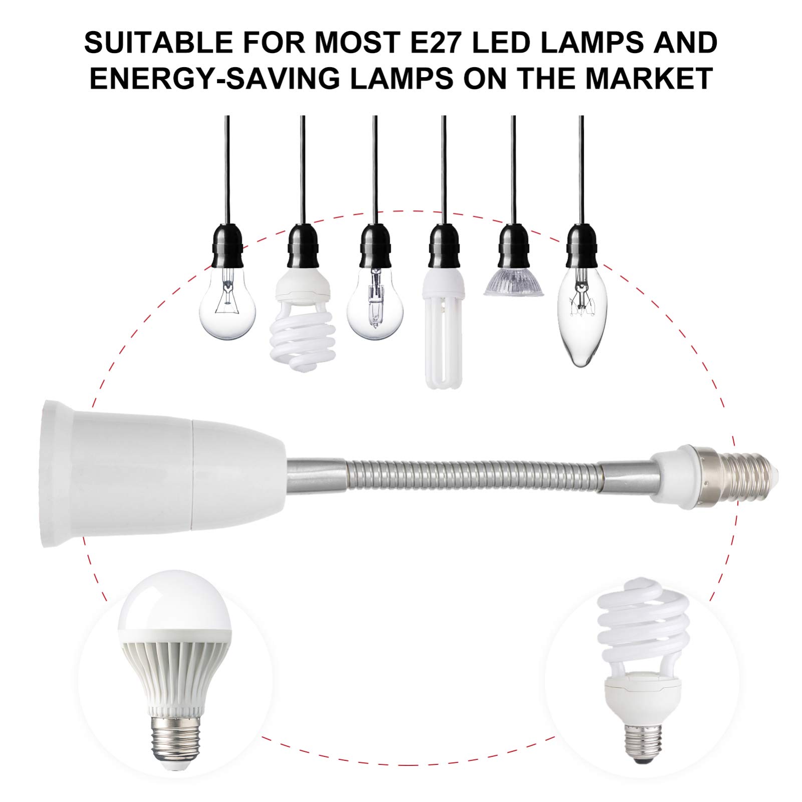 2 Pack E14 to E27 Light Socket Extender Adapter - Universal Screw Lamp Holder Converter with Bendable Design for Chandeliers, Ceiling Lights & DIY Lighting Projects