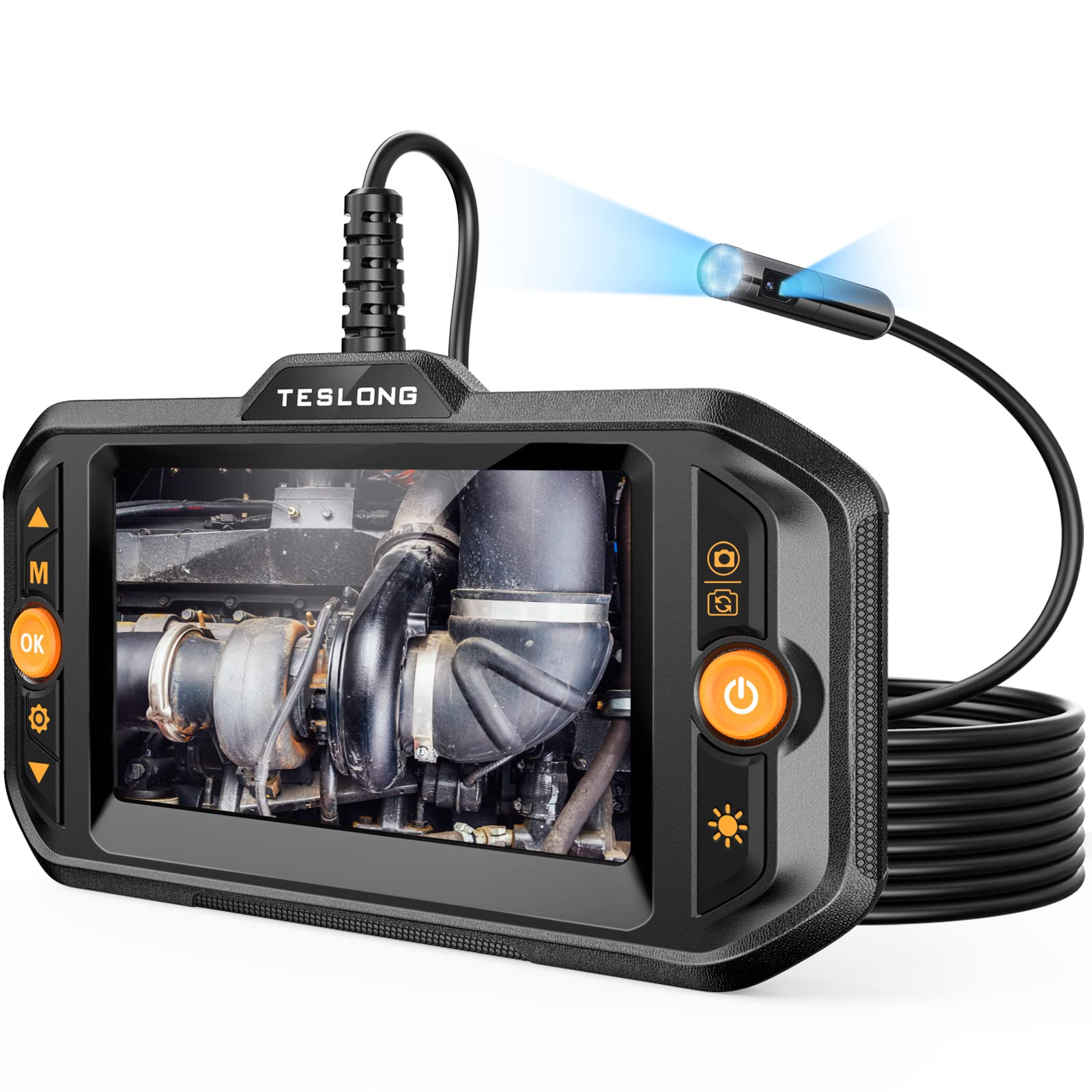 Dual Lens Endoscope Camera with LED Light - Teslong Flexible Borescope Inspection Camera with Monitor for Automotive, HVAC, Plumbing & Wall Inspection | Waterproof Snake Probe Camera with Fiber Optic Scope for Mechanics & Home Use