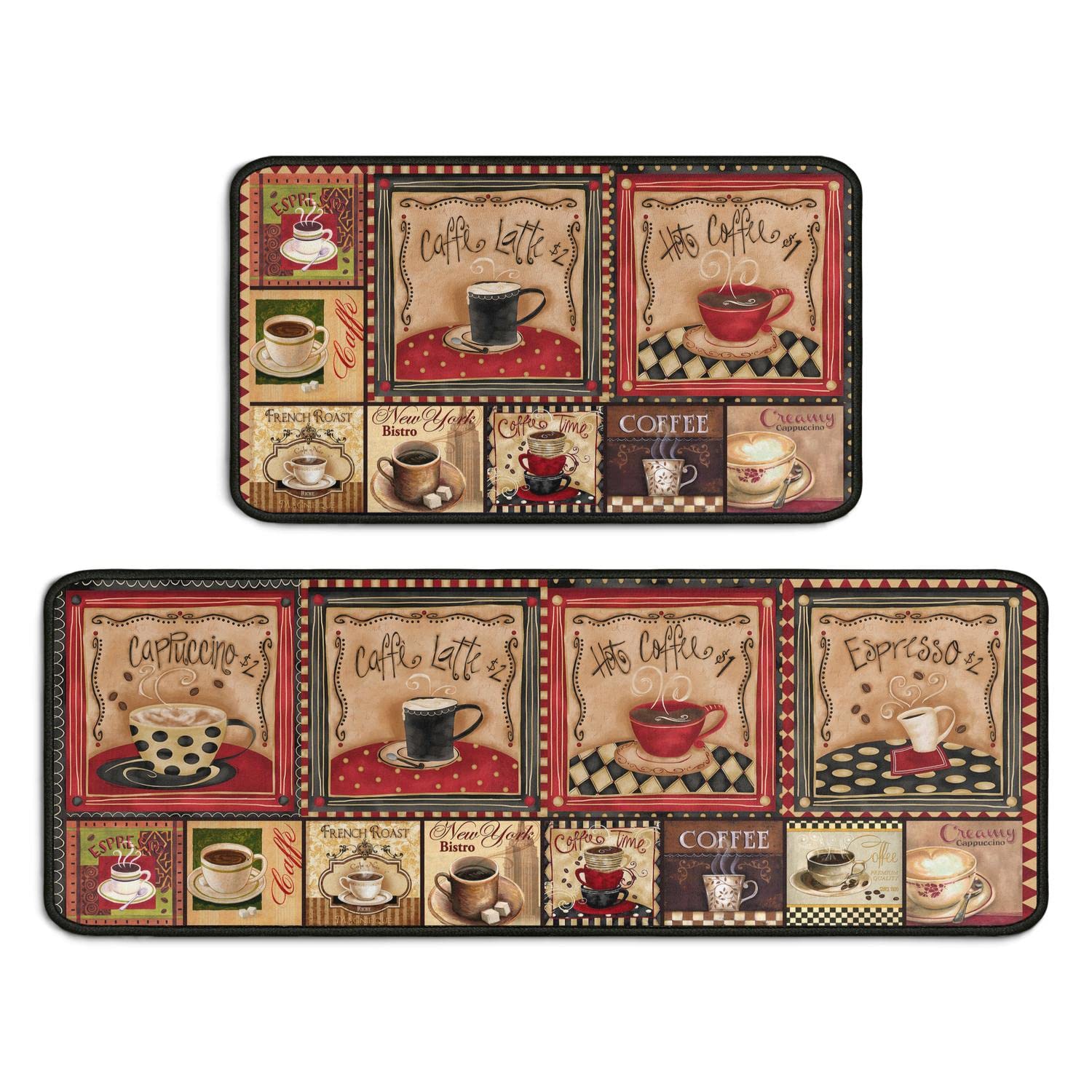 2-Piece Non-Slip Washable Kitchen Rug Set - Absorbent Microfiber Coffee Themed Decor Mats (17