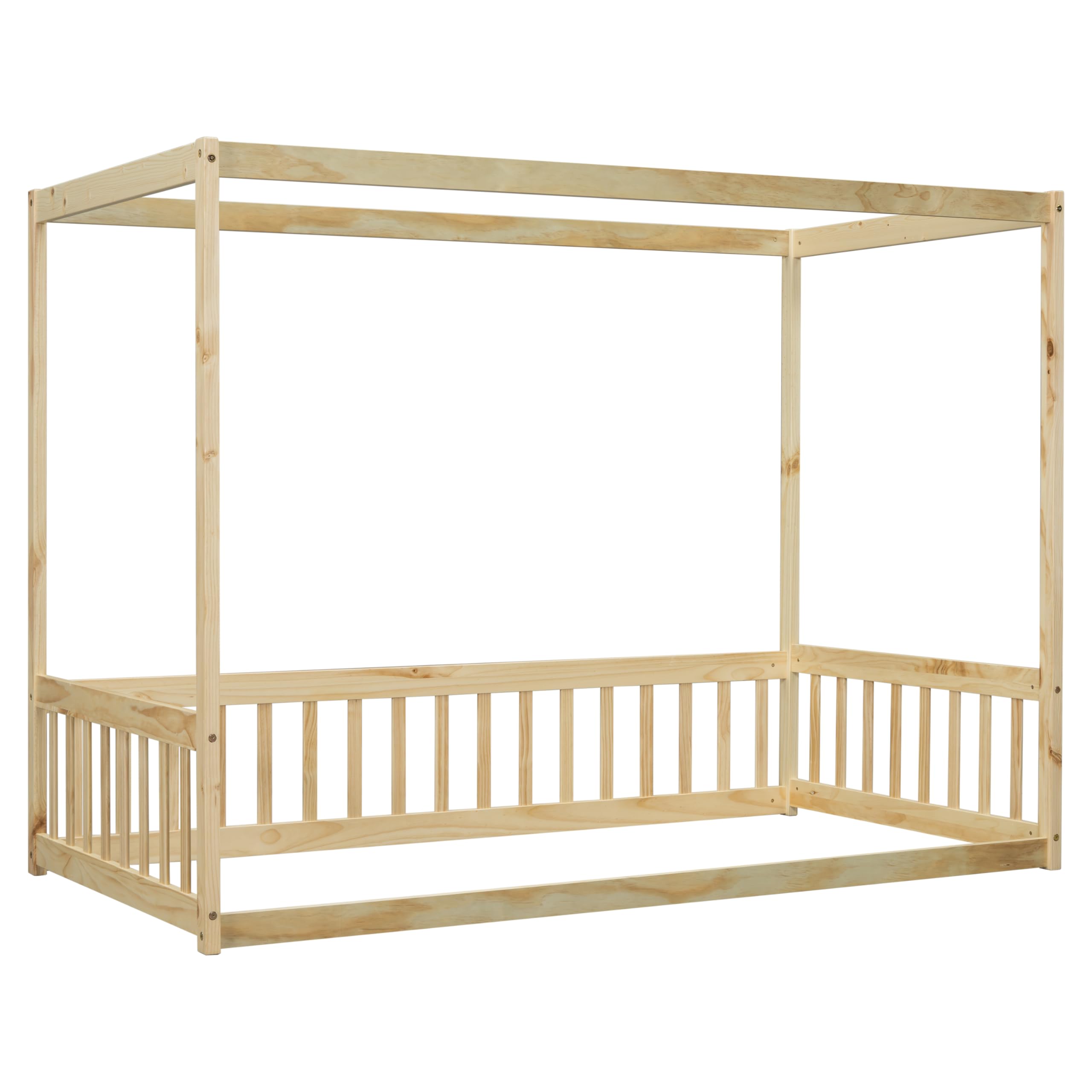 Twin Size Wooden Canopy Bed Frame with Guardrails for Kids - Montessori Floor Bed with Four Poster Design - Natural Wood Toddler Bed for Girls & Boys - Perfect for Bedrooms, Playrooms & Montessori Learning Spaces