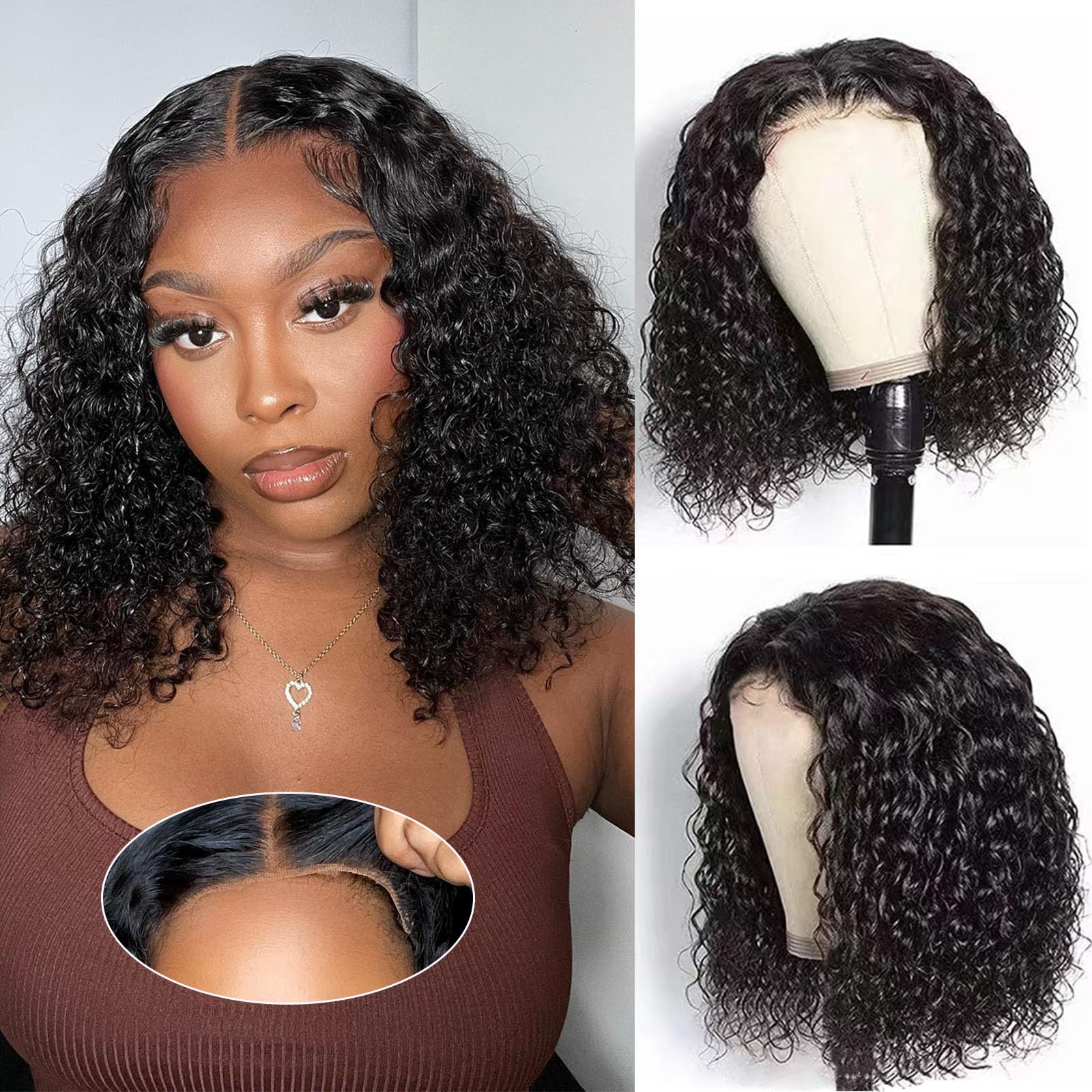 Wear and Go Glueless Human Hair Wigs - 12 Inch Deep Wave Curly Bob Wig with 4x4 Lace Closure | 180% Density Pre Plucked & Pre Cut | No Glue Needed for Black Women | Perfect for Daily Wear, Parties, and Special Occasions