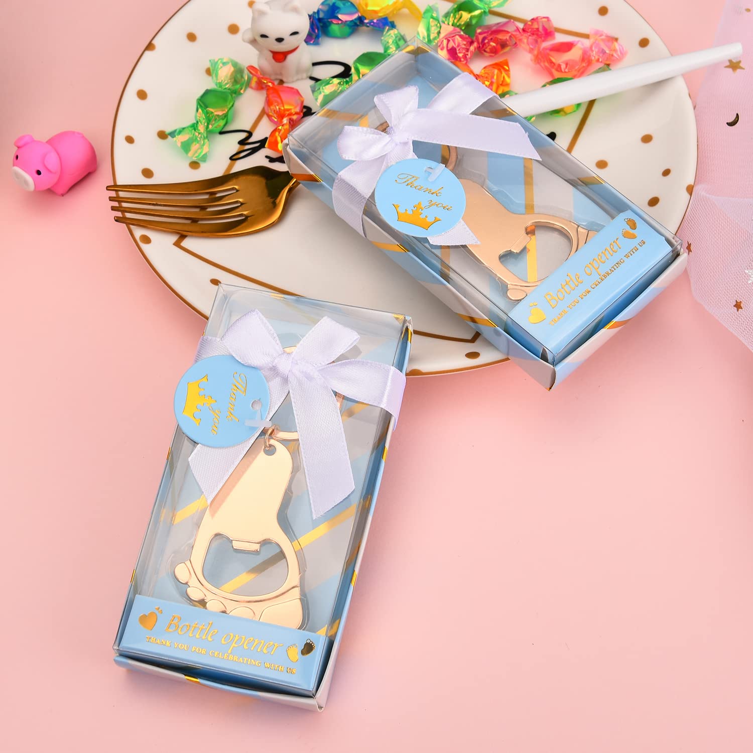 24Pcs Baby Boy Footprint Keychain Bottle Openers - Cute Baby Feet Shaped Keyrings with Bottle Opener Function - Perfect Baby Shower Favors, Birthday Party Gifts & Return Gifts (Comes in Blue Gift Boxes) - Great for Newborn Celebrations, Christening Parties & Gender Reveal Events