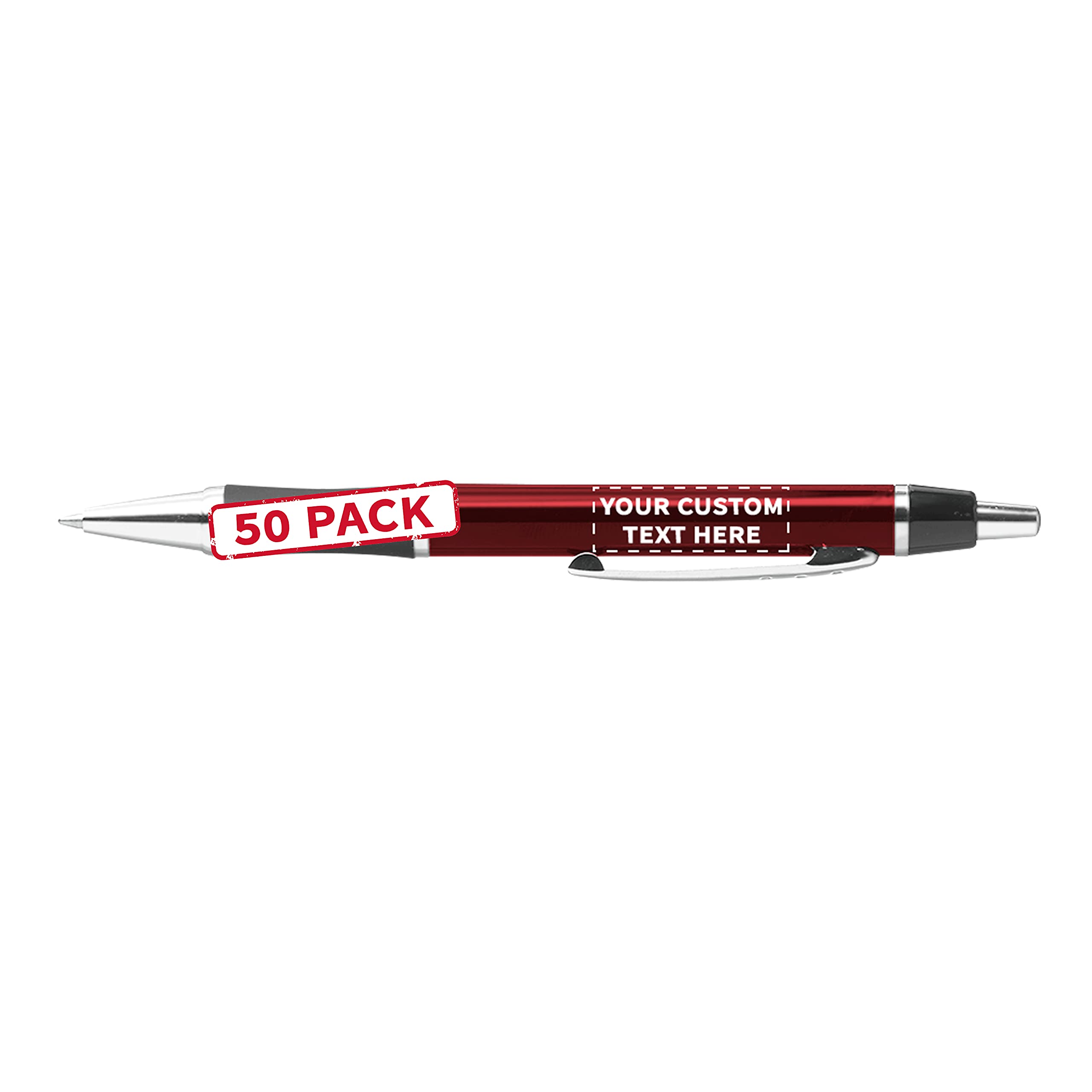 50 Pack Metallic Action Writing Pens - Customizable Text & Logo, Retractable with Rubber Grip, Black Ink (Maroon) - Perfect for Office, School, Business Promotions & Corporate Gifts