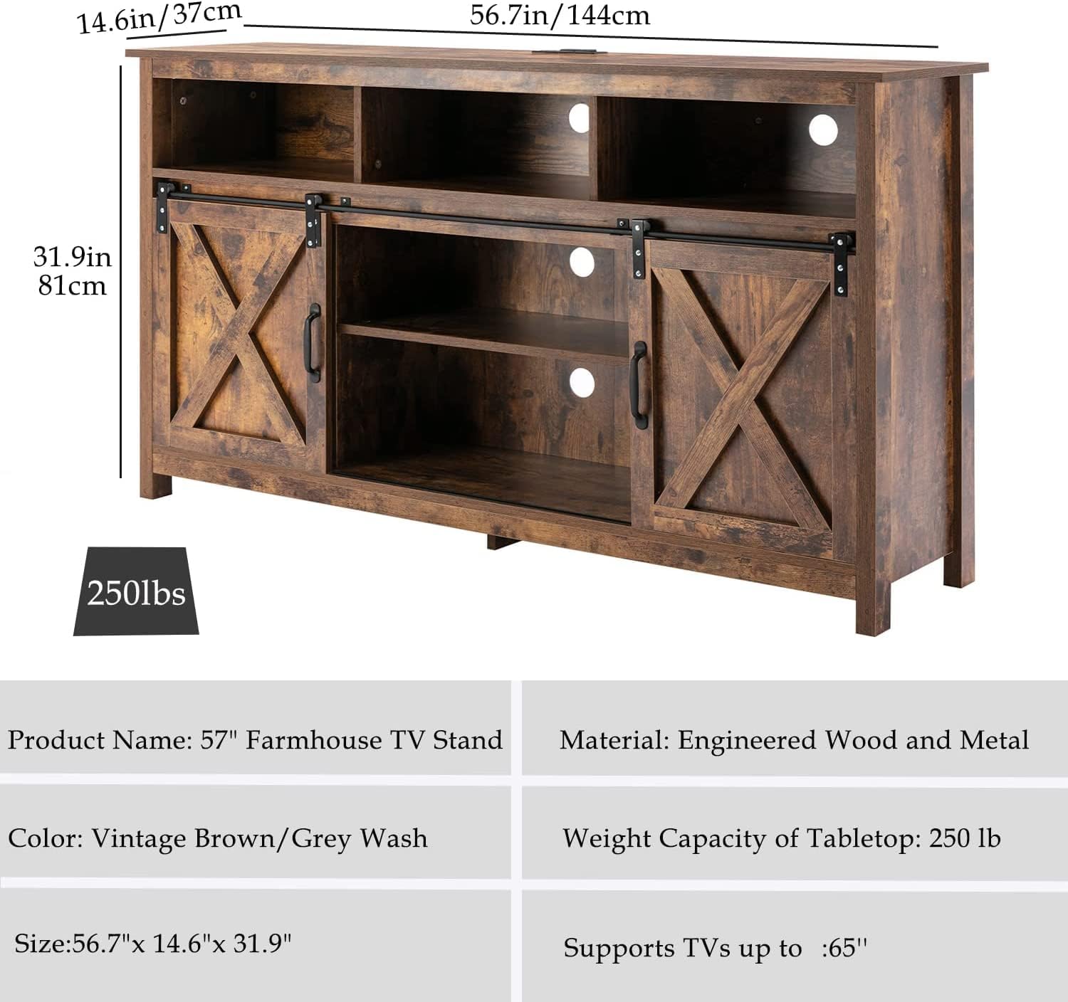 Vinctik 57 Inch Farmhouse TV Stand with Sliding Barn Doors - Rustic Wood Entertainment Center for 60-65 Inch TVs - Double Layer Storage & Built-in Power Outlets - Perfect for Living Room, Bedroom & Home Theater Setup