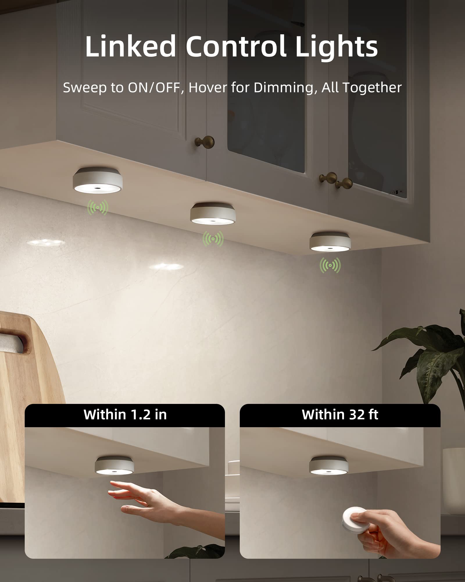 EZVALO Rechargeable Under Cabinet LED Lights - 6 Pack with Motion Sensor, 2 Color Temperatures & Group Control | Dimmable Puck Lights for Kitchen, Closet, Hallway & Counter Lighting | Perfect for Nighttime Navigation & Accent Lighting