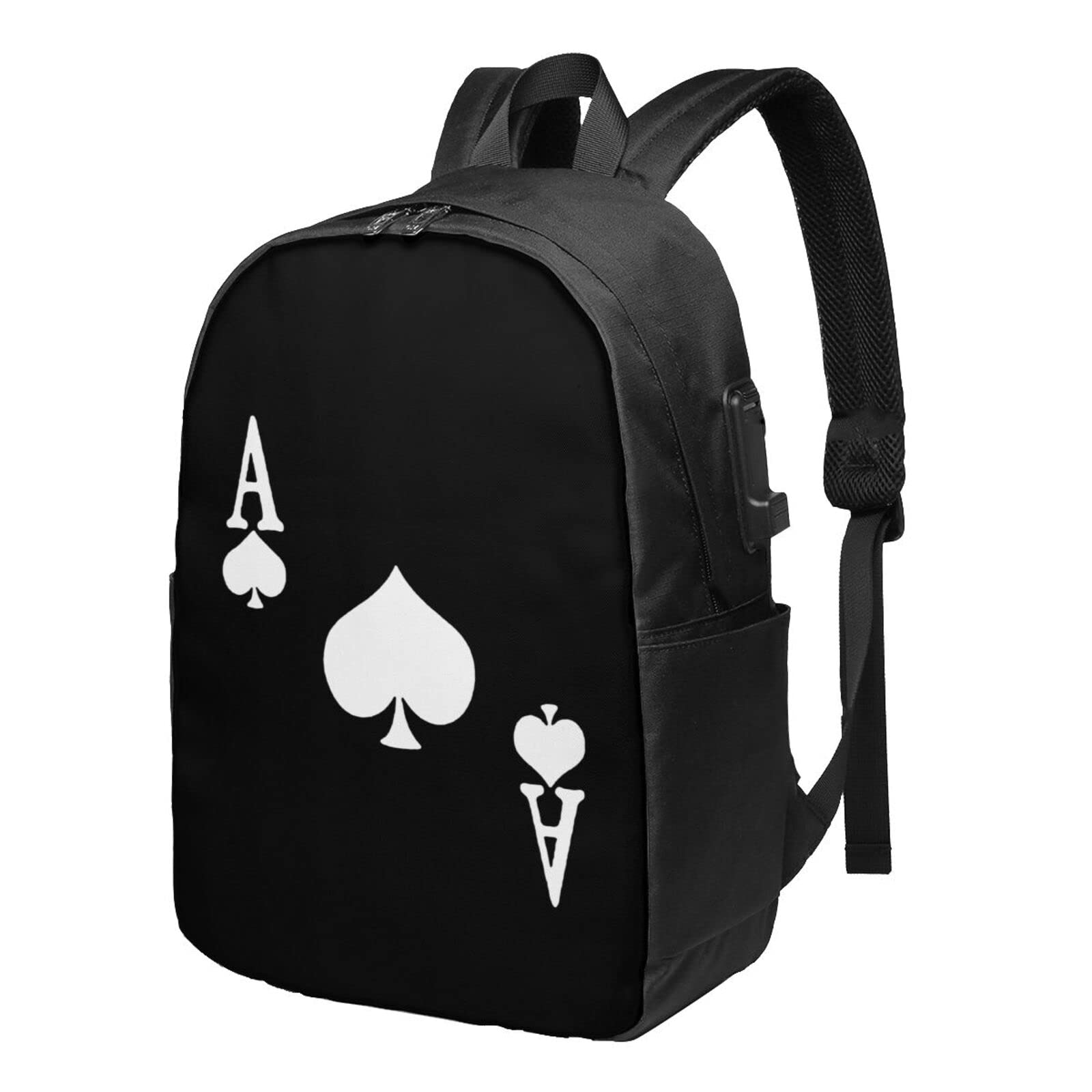 Ace of Spades Poker Backpack with USB Charging Port - 17 Inch Black Casual Travel Daypack for Adults & Youth - Perfect for School, Work, and Outdoor Adventures