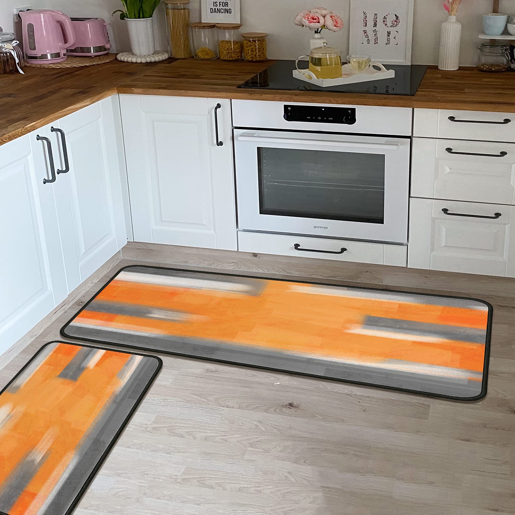 Non-Slip Orange Kitchen Rugs Set of 2 - Washable Floor Mats with Anti-Skid Backing - 17x47.2 & 17x30 Inch Home Decor Runner for Kitchen, Entryway, and Laundry Room - Perfect for High-Traffic Areas and Spill Protection