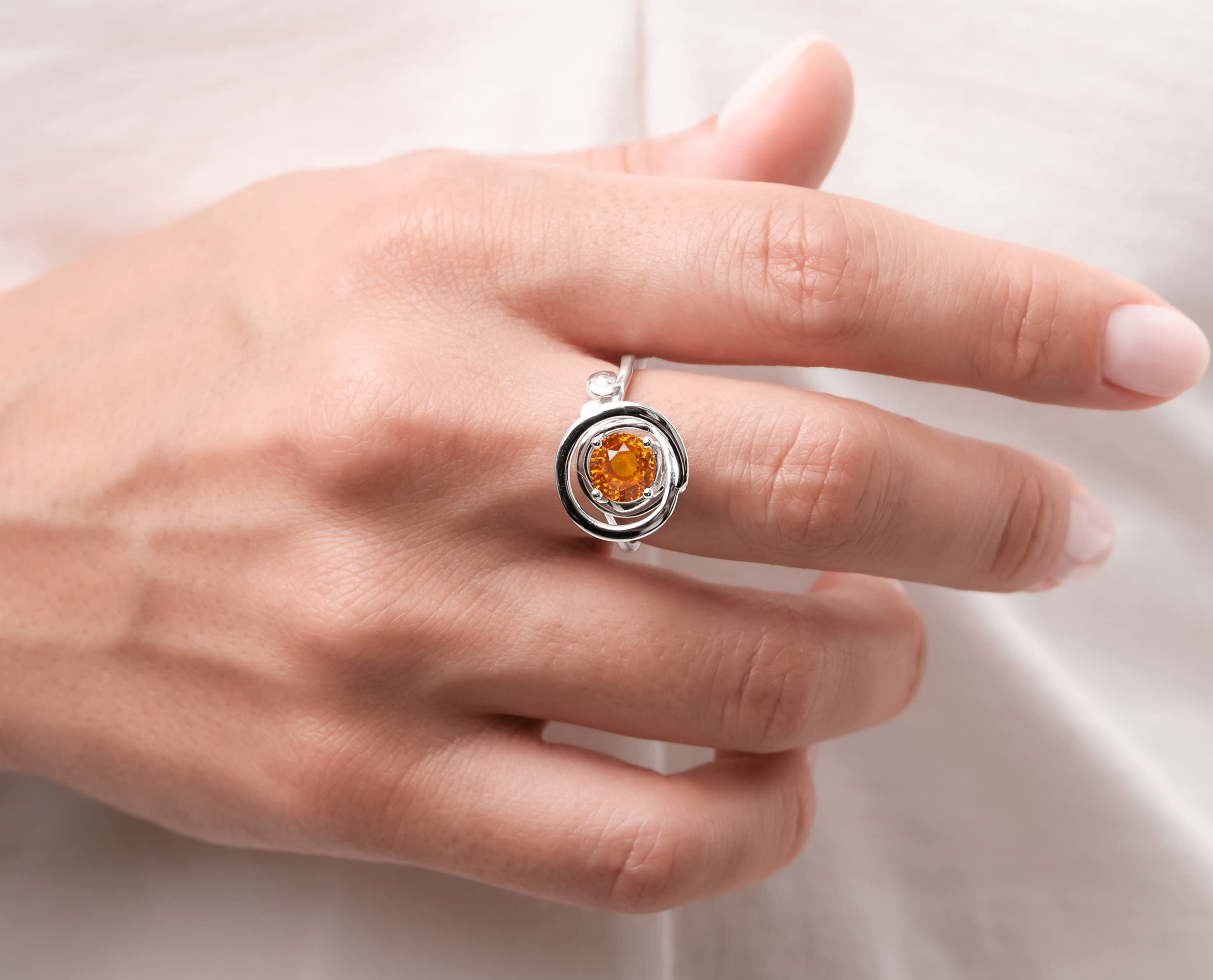 Orange Garnet Ring for Women - Solitaire January Birthstone Ring - Spessartite Garnet Sterling Silver Circle Wave Ring | Elegant Gift for Anniversary, Valentine's Day & Everyday Wear