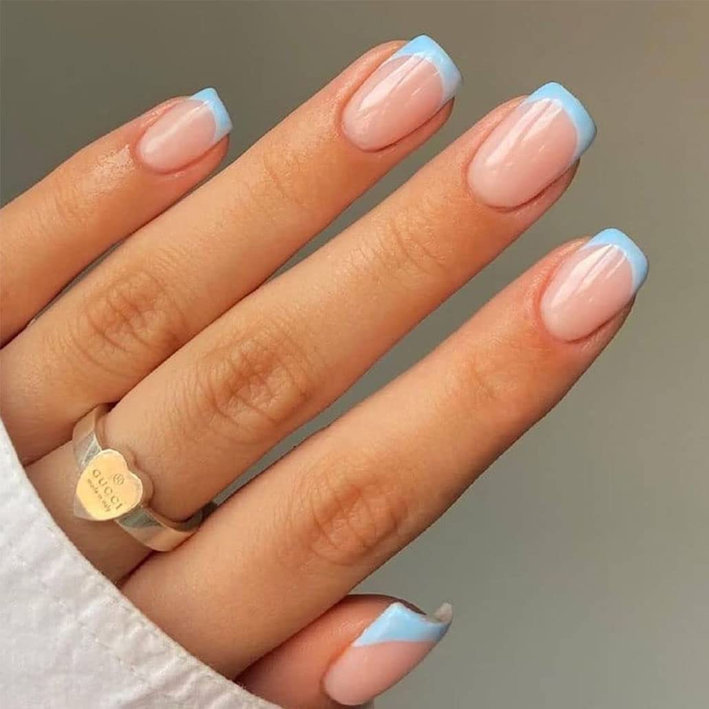24pcs French Tip Blue Fake Nails - Glossy Square Press on Nails with False Nail Tips - Easy Artificial Finger Manicure for Women - Perfect for Parties, Weddings & Daily Wear