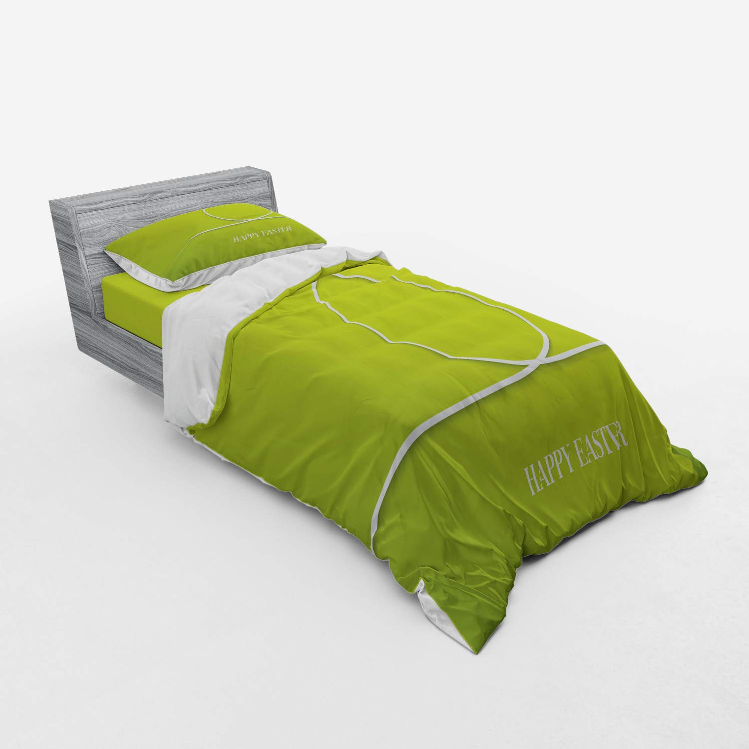 Ambesonne Easter Bedding Set - Minimalist Egg Design Green Spring Theme 3-Piece Duvet Cover Set with Sham & Fitted Sheet, Twin Size Yellow Green White - Perfect for Easter Decor, Spring Bedroom Refresh & Seasonal Home Styling