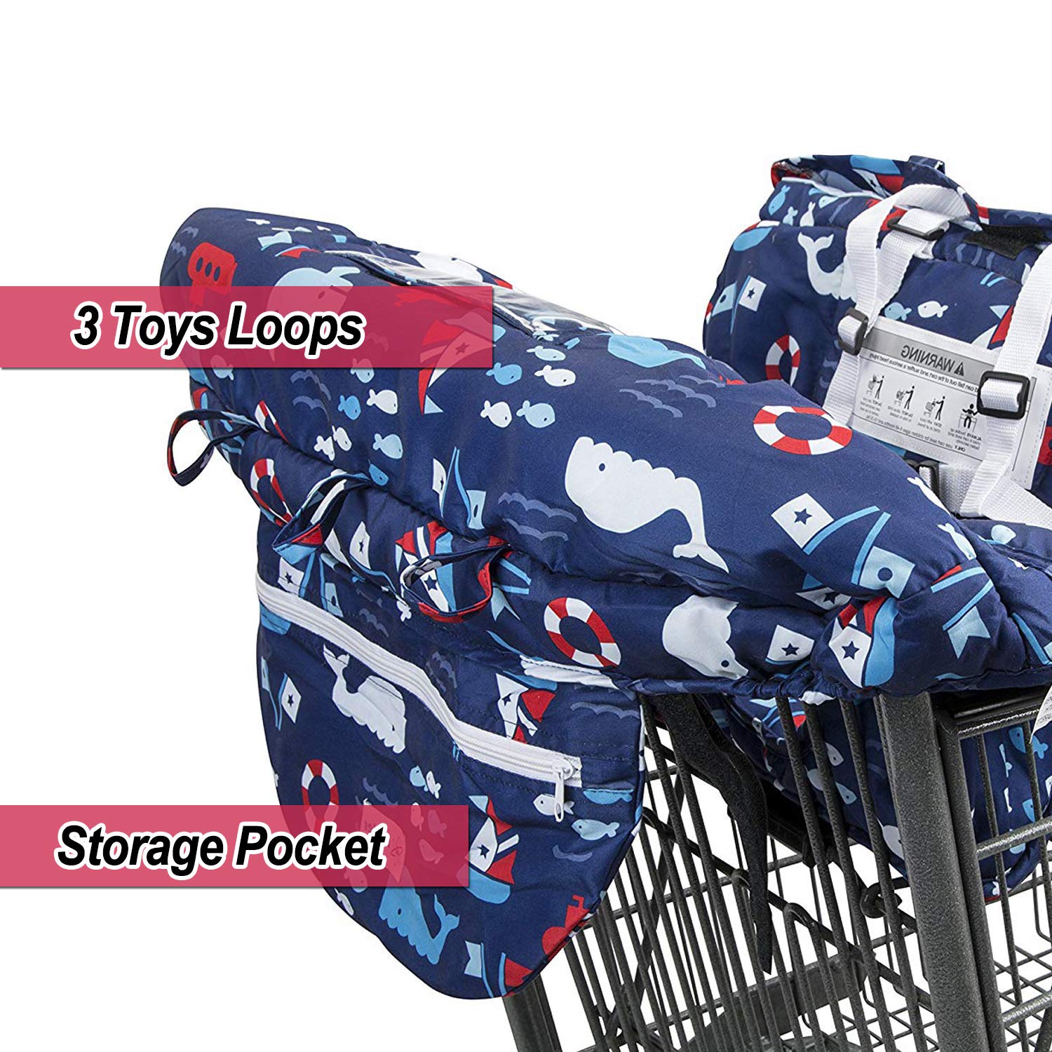 Baby Shopping Cart Cover - 2-in-1 Foldable Portable High Chair & Grocery Cart Seat with Storage Bag for Infants to Toddlers | Blue Whale Design | Perfect for Supermarkets, Restaurants & Travel