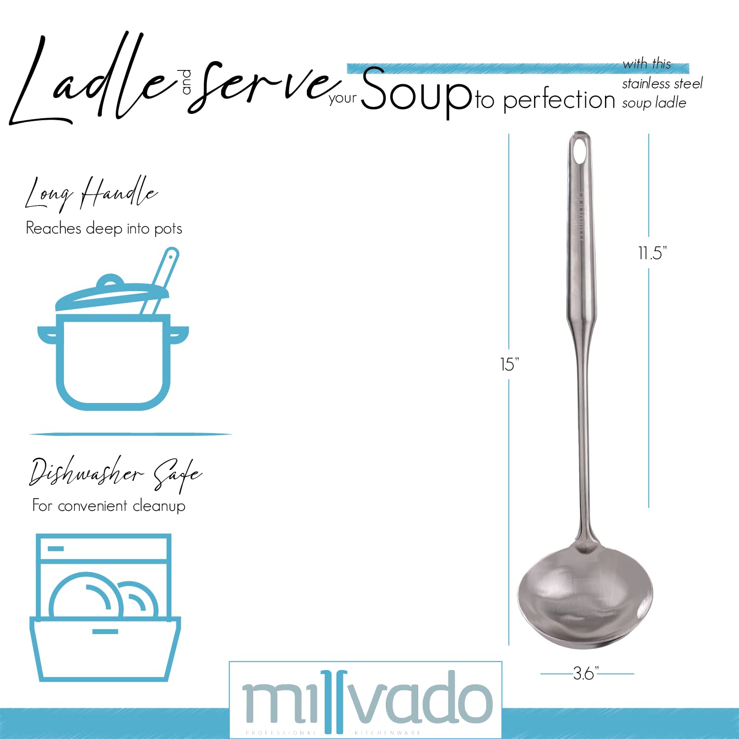 Stainless Steel Soup Ladle - 15 Inch Durable Metal Serving Spoon for Cooking, Soup, Stew & Pasta - Dishwasher Safe Kitchen Utensil for Restaurants, Home & Catering