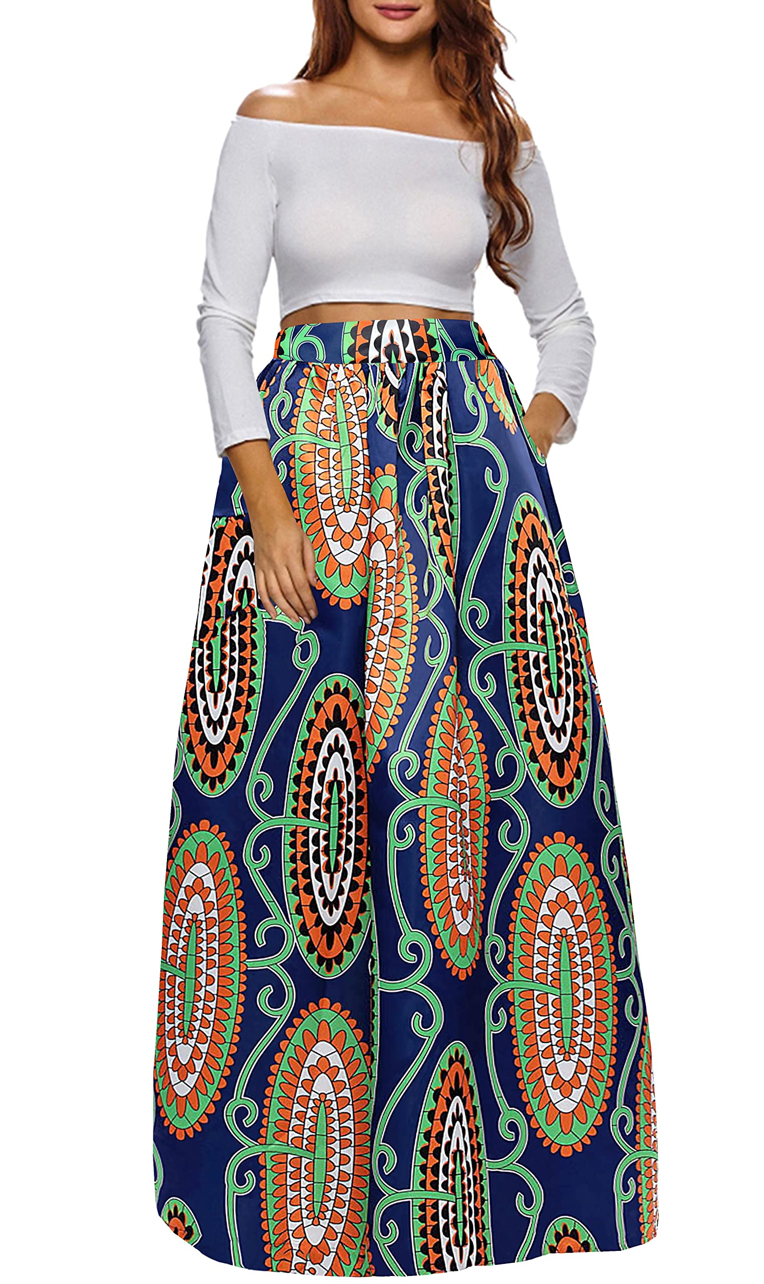 Afibi Women's African Print Maxi Skirt - Flared A-Line Long Skirt with Pockets (Sizes S-5XL) | Boho Chic Summer Dress for Beach, Vacation & Casual Wear