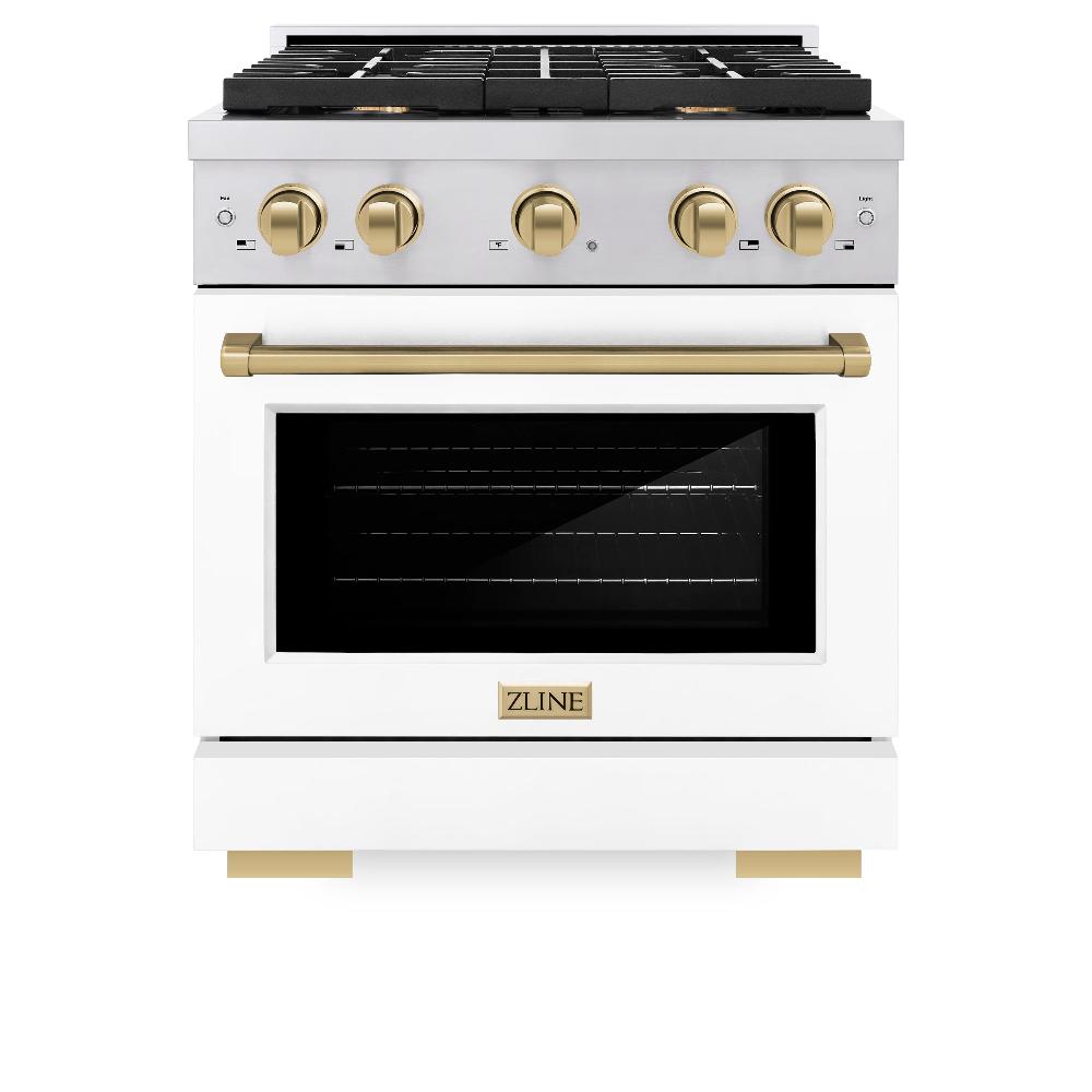 ZLINE Autograph Edition 30-inch 4.2 cu. ft. Dual Fuel Range - Stainless Steel Gas Cooktop with 4 Burners & Electric Convection Oven - White Matte Door & Champagne Bronze Accents (SDRZ WM 30 CB) - Perfect for Modern Kitchens & Professional Home Chefs