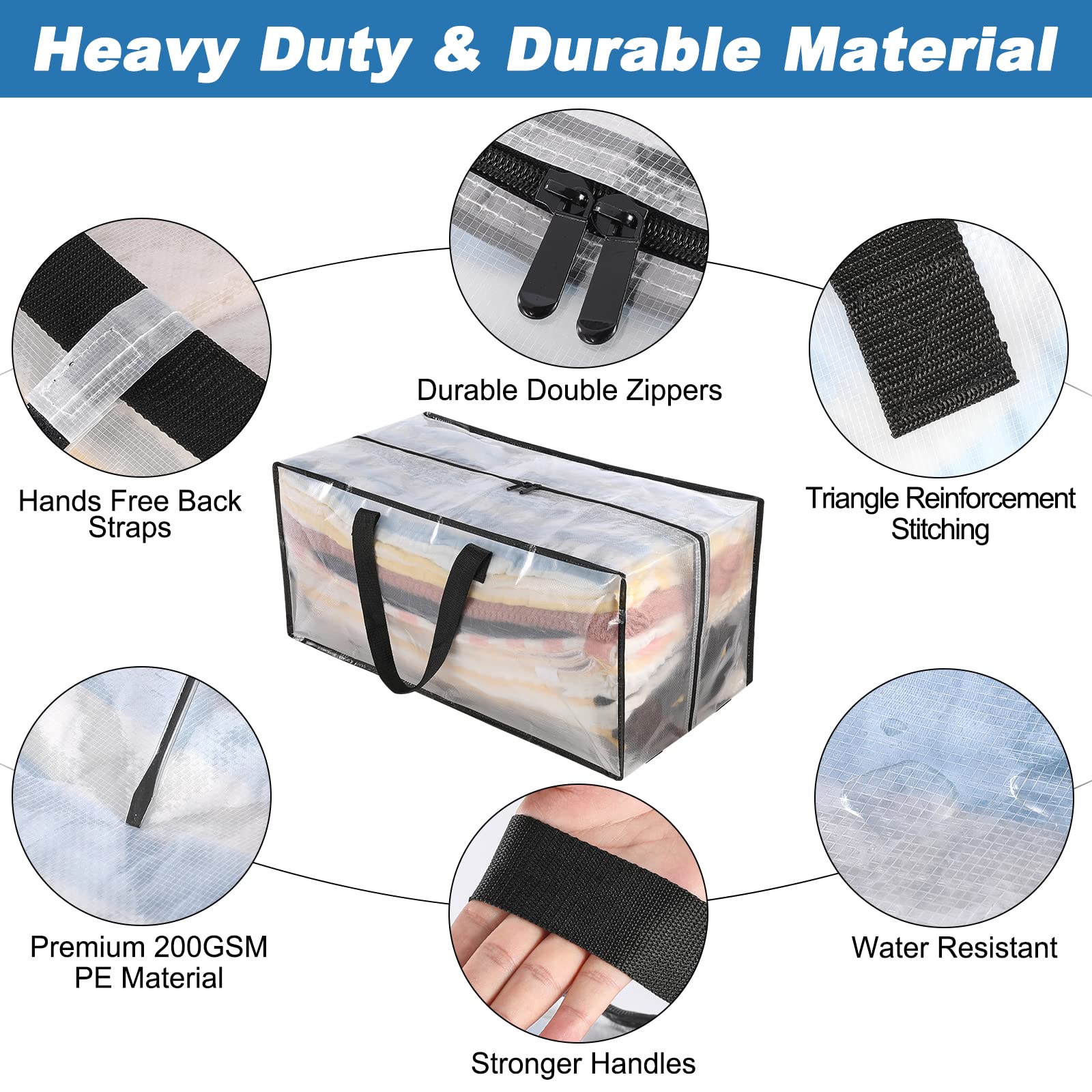 90L Moving Bags - 8 Pack Clear Heavy Duty Extra Large Storage Bags for Clothes with Backpack Straps & Strong Handles - Waterproof Travel Packing Bags for College, Moving, Christmas Storage & Travel Organization