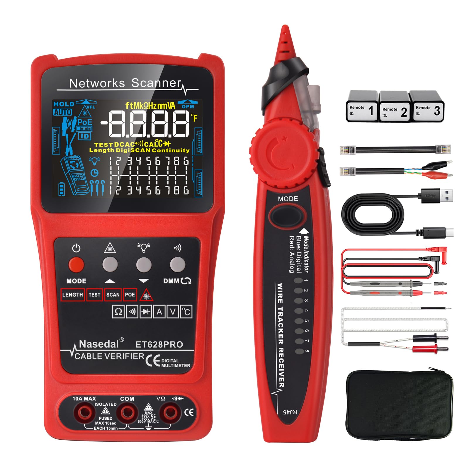 Professional 3-in-1 Network Cable Tester - Ethernet Tester, Wire Tracker & Tone Generator for RJ45/RJ11/BNC (CAT5/CAT6/CAT7/CAT8) with PoE Test, Cable Length Measurement & Port Flash - Includes 3 Remote Testers - Perfect for IT Professionals, Network Installations & Home Office Setup
