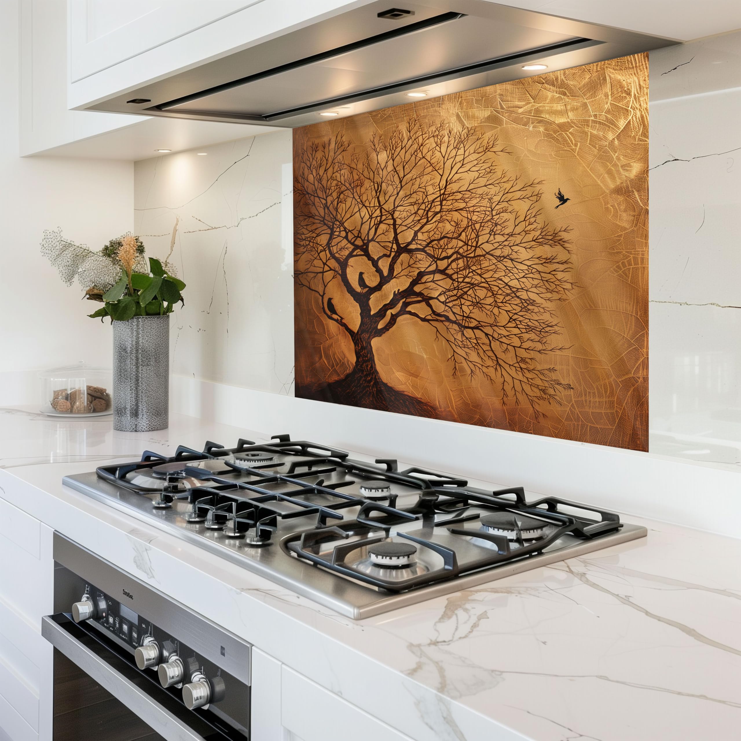 Tree of Life Tempered Glass Kitchen Backsplash - Heat Resistant, Easy to Clean Stove Backsplash, Stick-On Tiles for Modern Kitchen Walls, Perfect for Cooking and Baking Spaces