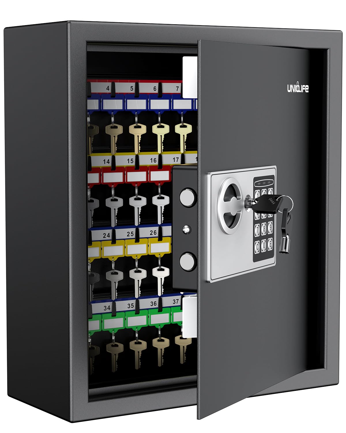 Uniclife 70 Position Key Cabinet with Combination & Key Lock - Wall Mounted Digital Key Safe Organizer, Resettable Keypad Lock, Adjustable Racks, Colorful Key Tags & Permanent Pen - Ideal for Home, Office, Hotel, and Apartment Key Management