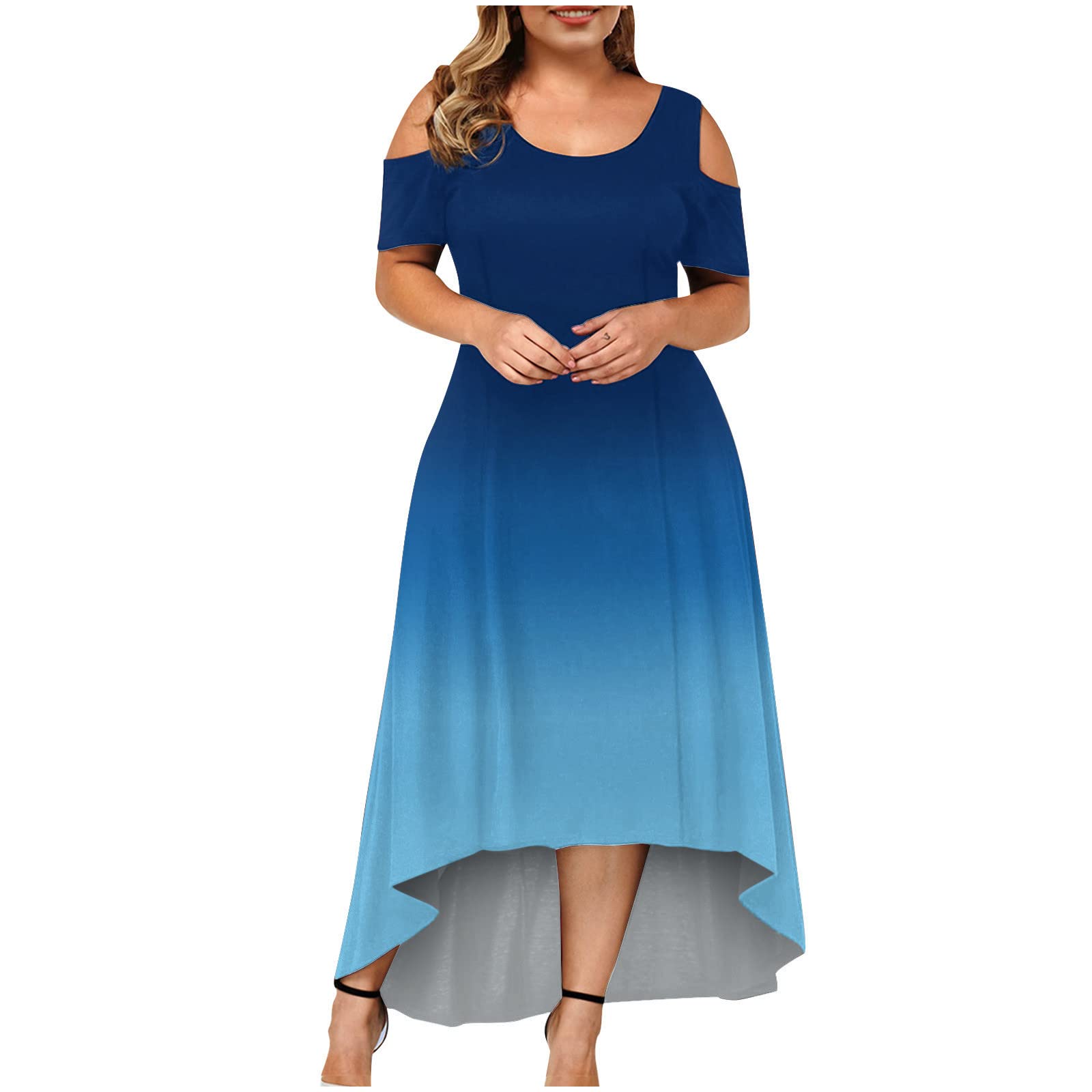 Ylioge Women's Casual Short Sleeve Off Shoulder Summer Dress - Crewneck Sexy Gradient Plus Size Flowy Dress for Beach, Party & Date Night Outfits