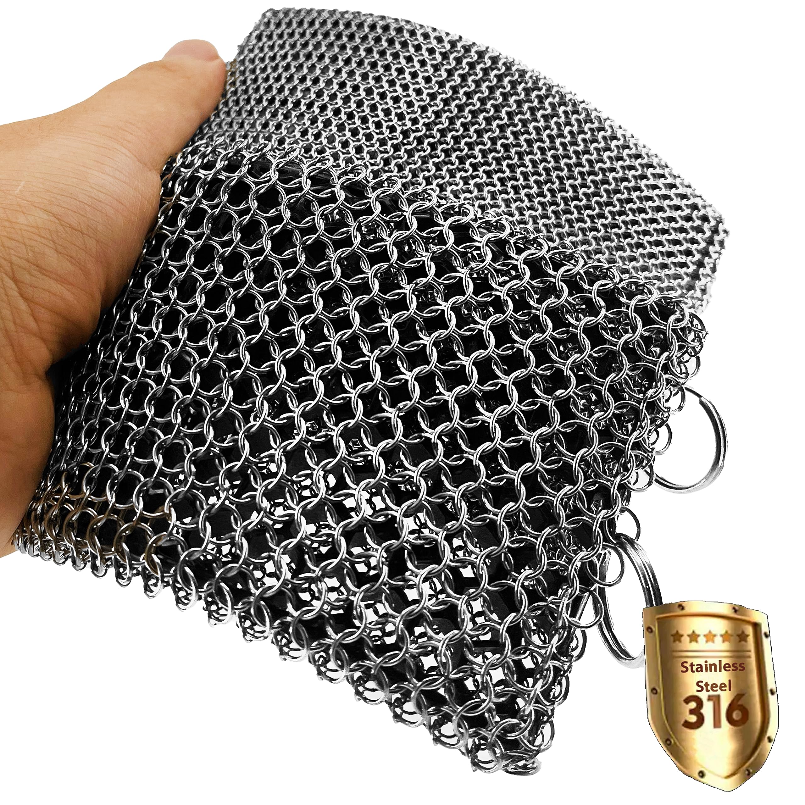 316 Stainless Steel Chainmail Scrubber for Cast Iron Skillets & Cookware - Fine Ring Design with Built-in Silicone - Heavy Duty BBQ Grill & Plate Cleaner - Perfect for Seasoning & Maintaining Cast Iron Pans (2-in-1 Standard Size)