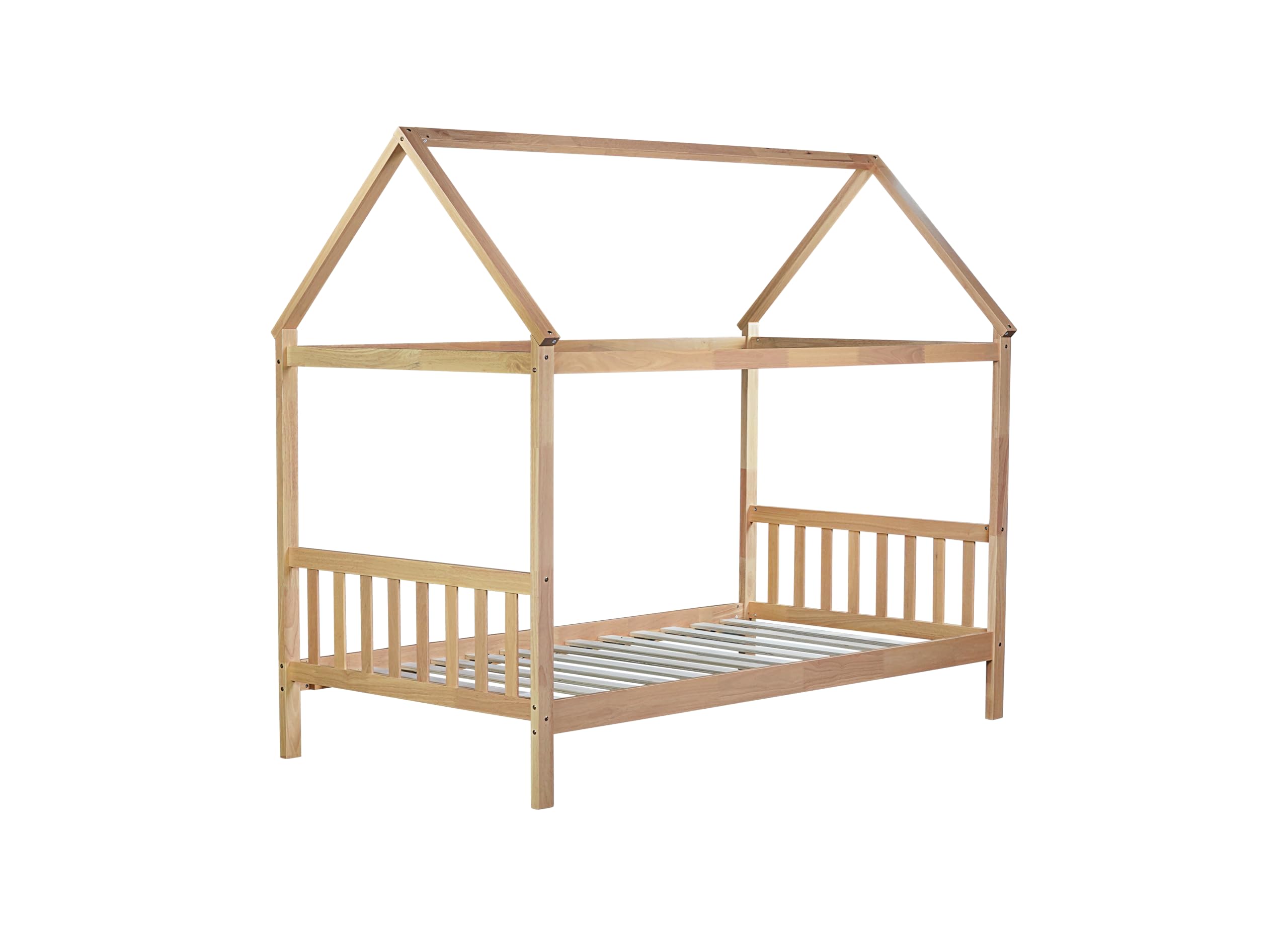 Montessori Twin Size House Bed for Kids - Solid Rubber Wood Platform Bed with Headboard, Footboard & Roof - Low Profile Bed Frame for Girls, Boys & Teens - Natural Wood Finish - Perfect for Bedrooms, Playrooms & Montessori Learning Spaces