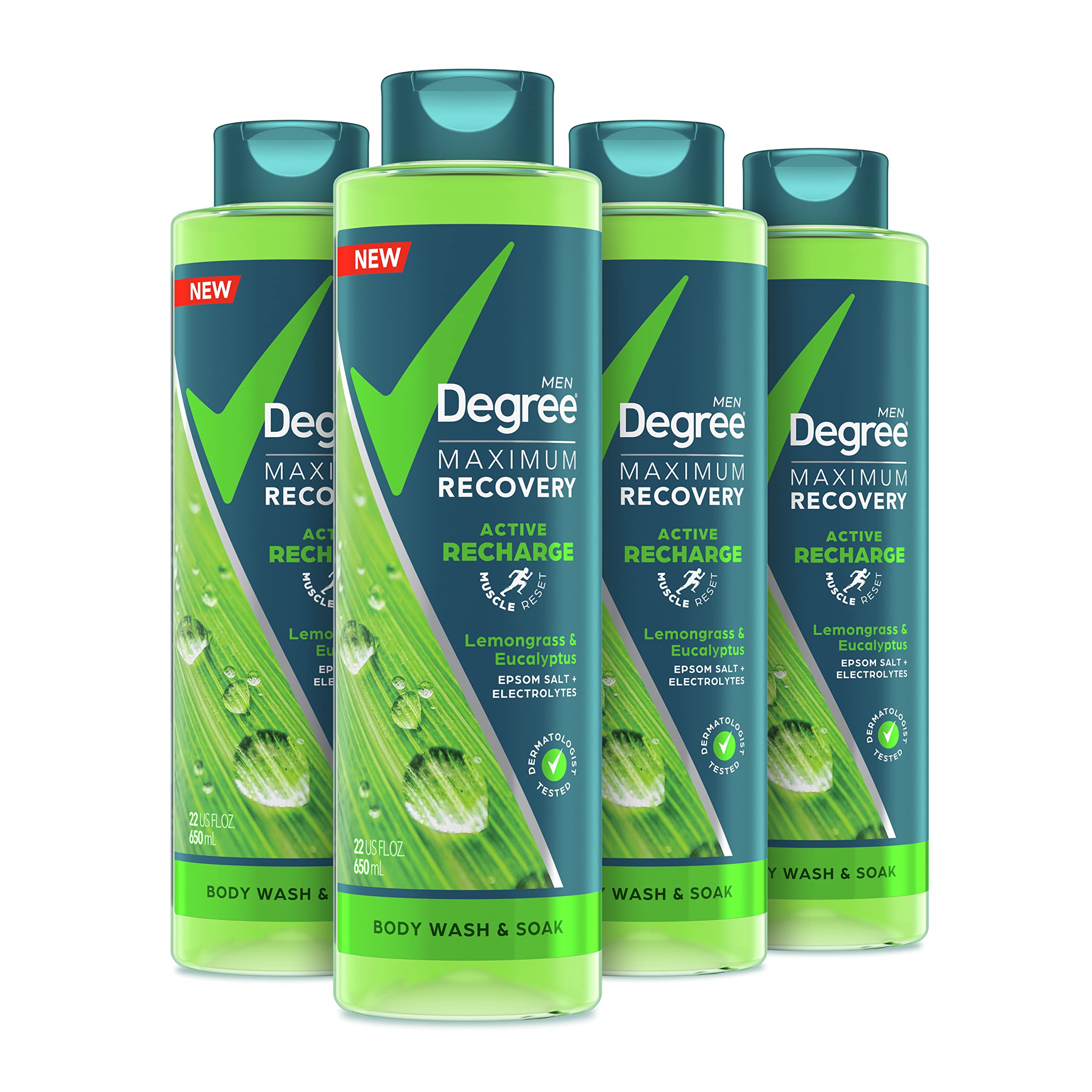 Degree Men Post-Workout Recovery Body Wash & Soak with Lemongrass, Eucalyptus, Epsom Salt & Electrolytes - 22 Fl Oz (Pack of 4) - Ideal for Gym, Sports & Muscle Relaxation Bath Routine