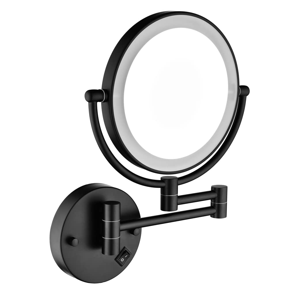 WEALTHGIRL 8 Inch LED Wall Mount Two-Sided Makeup Mirror with 12 Inch Extension - 1X/3X Magnification, 360 Degree Rotation, Waterproof - Matte Black Vanity Mirror for Shaving, Makeup Application & Grooming - Perfect for Bathroom, Bedroom & Dressing Room