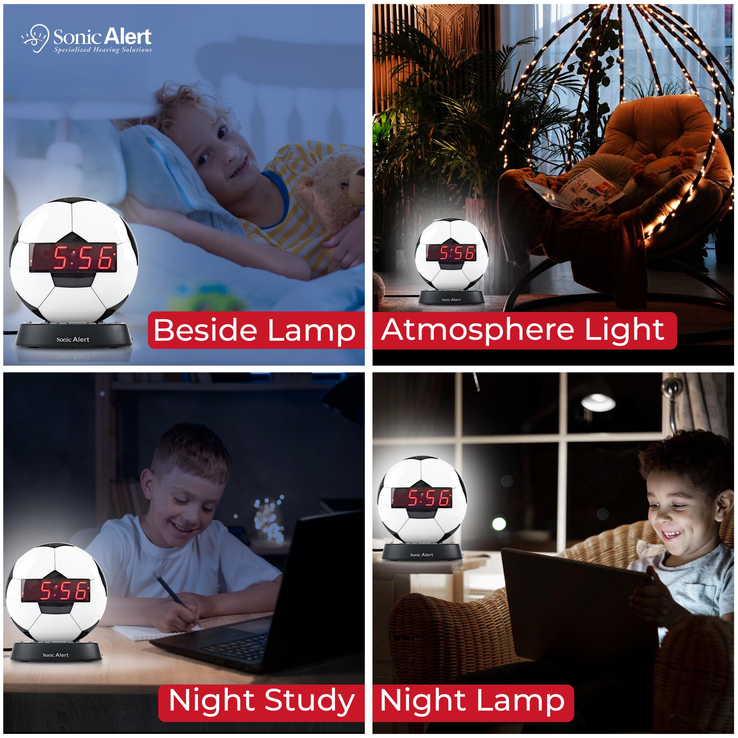 Sonic Alert Glow Night Light Soccer Ball Alarm Clock - Loud & Compact Digital Alarm Clock for Bedroom with Battery Backup & Dimmer - Easy to Set Alarm Clock for Kids & Adults - Perfect for Nightstands, Dorms, Travel & Gift Giving