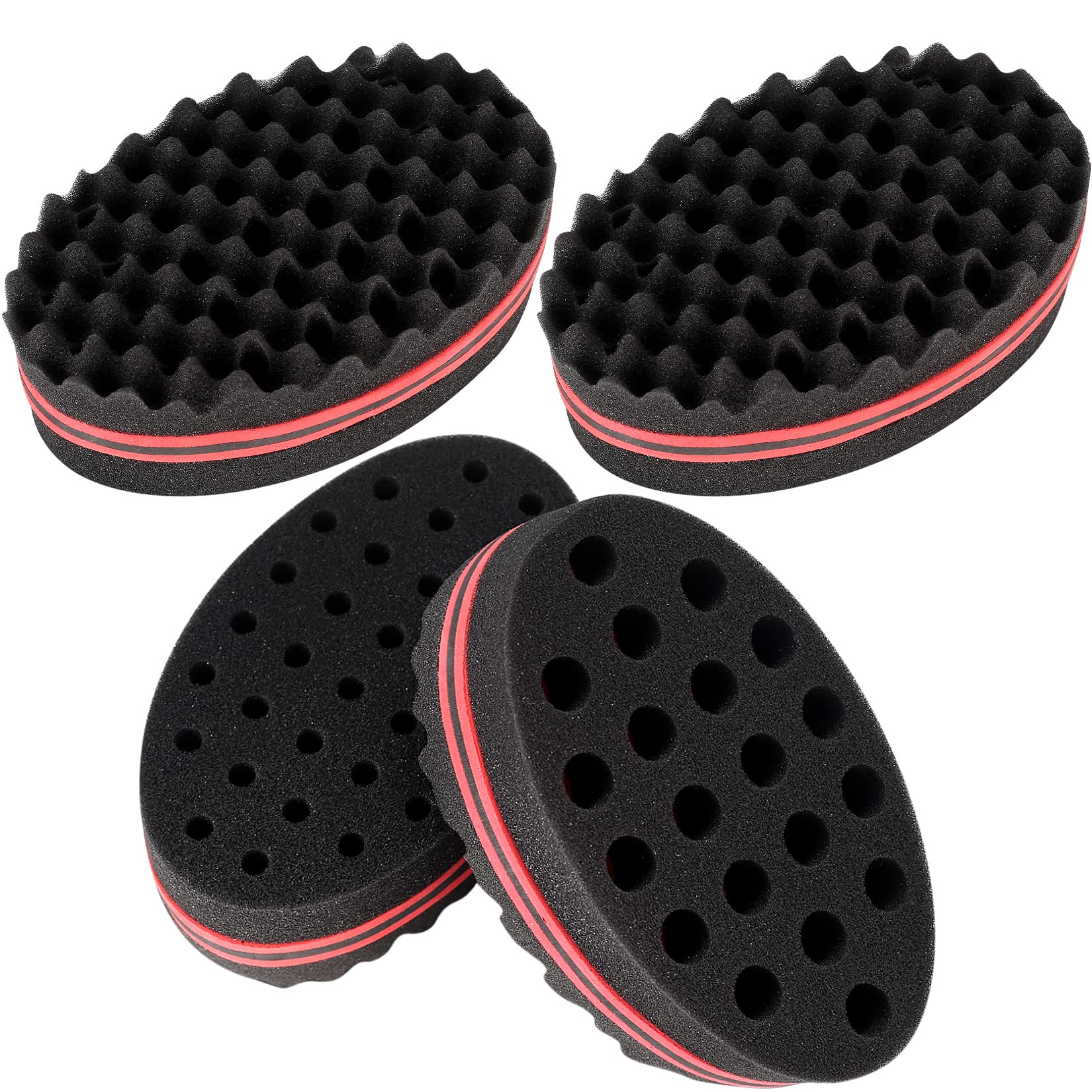 4 Pcs Hair Sponge Brushes for Afro Coils & Waves - Double Sided Styling Brush with Big & Small Holes - Perfect for Twists, Dreads, Curls & Barber Shop Use - Home & Professional Hair Care Essential