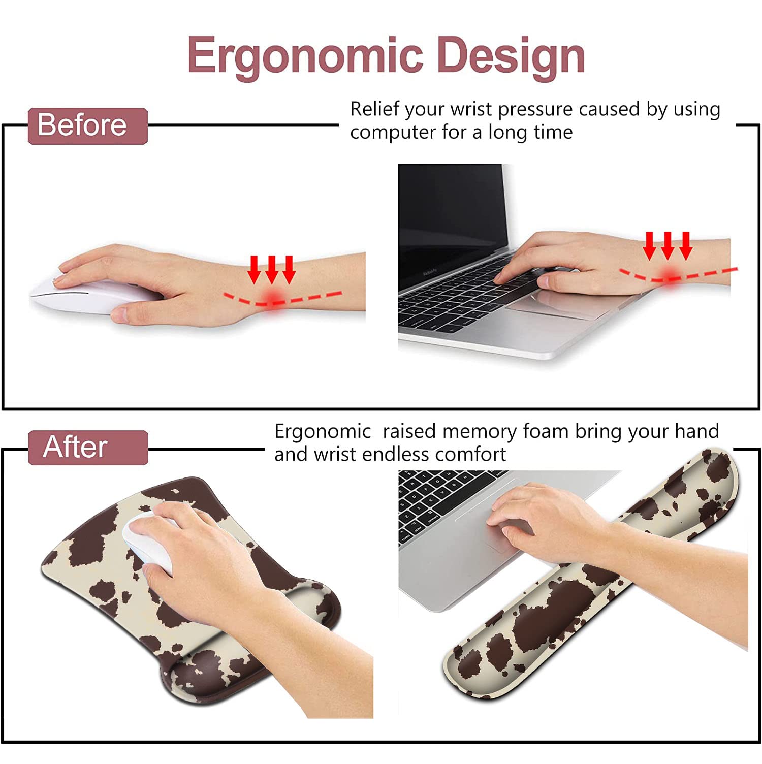 Ergonomic Keyboard Wrist Rest & Mouse Pad Set with Memory Foam - Cowhide Animal Design for Pain Relief & Comfort - Perfect for Office, Gaming & Long Computer Use