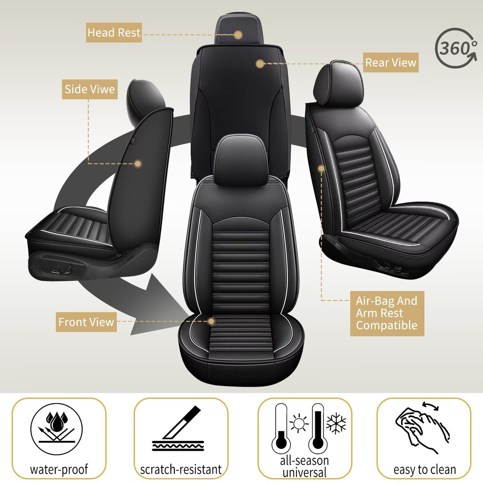 2014-2019 Toyota Corolla Car Seat Covers - Black Faux Leather Full Set (5 Seats) | Airbag Compatible & Waterproof Seat Protectors with White Stitching | Perfect for Daily Commuting, Road Trips & Family Protection
