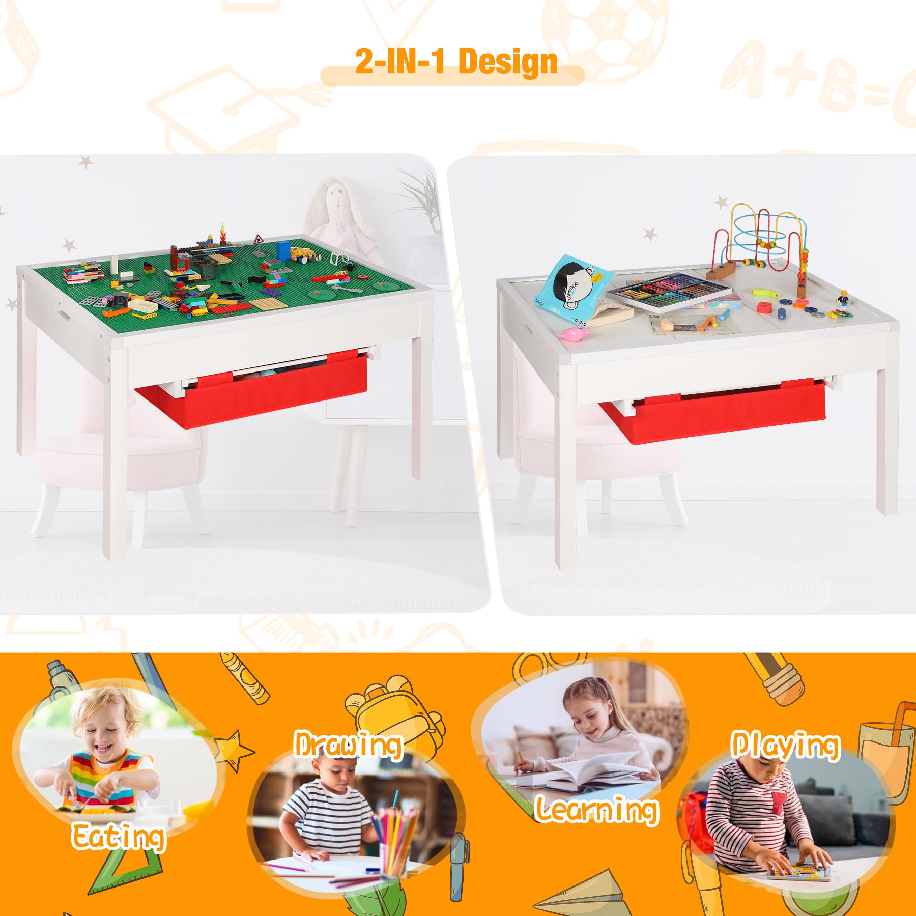 RedSwing 2-in-1 Kids Activity Table with Storage | Large Play Table for Boys & Girls Ages 5-12 | White Multi-Functional Kids Furniture for Arts, Crafts & Learning Activities
