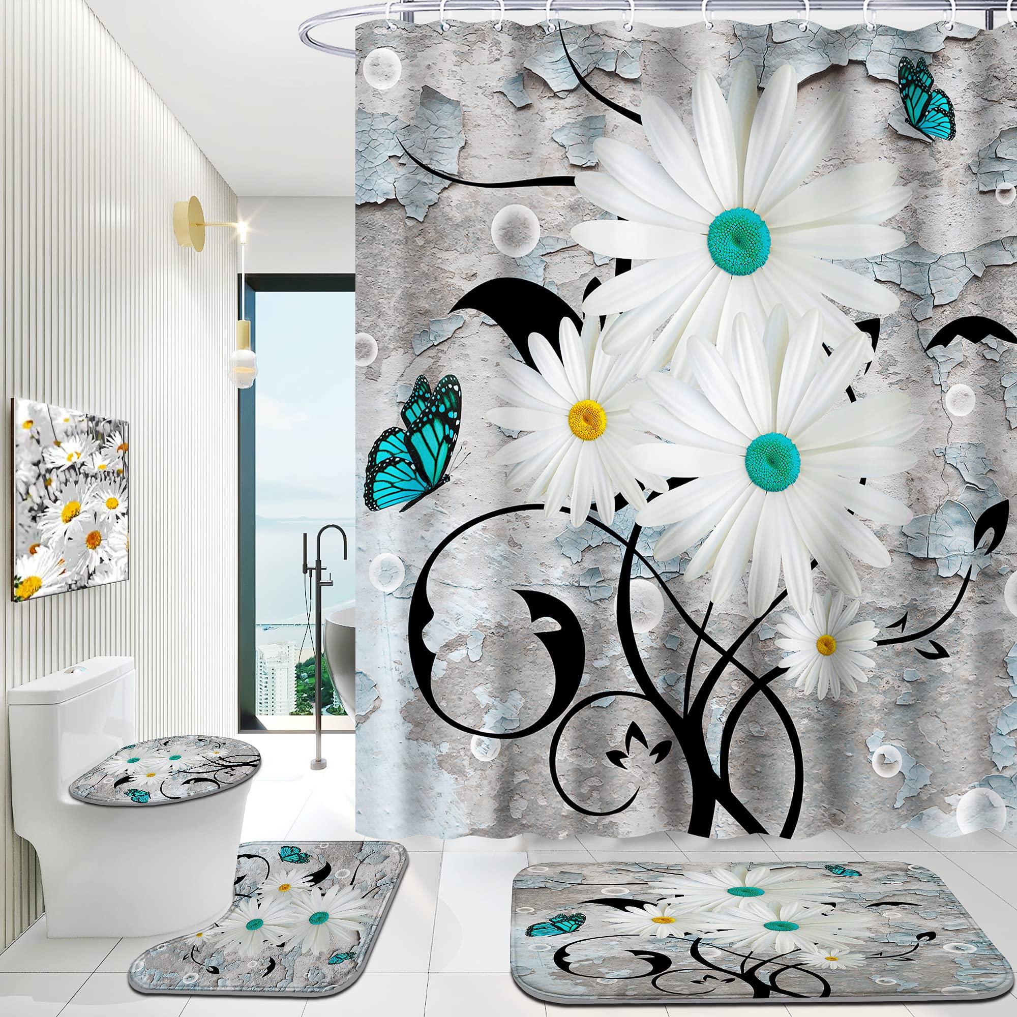 Premium 4-Piece Shower Curtain Set with Non-Slip Rugs - Bathroom Decor for Home & Hotel Use