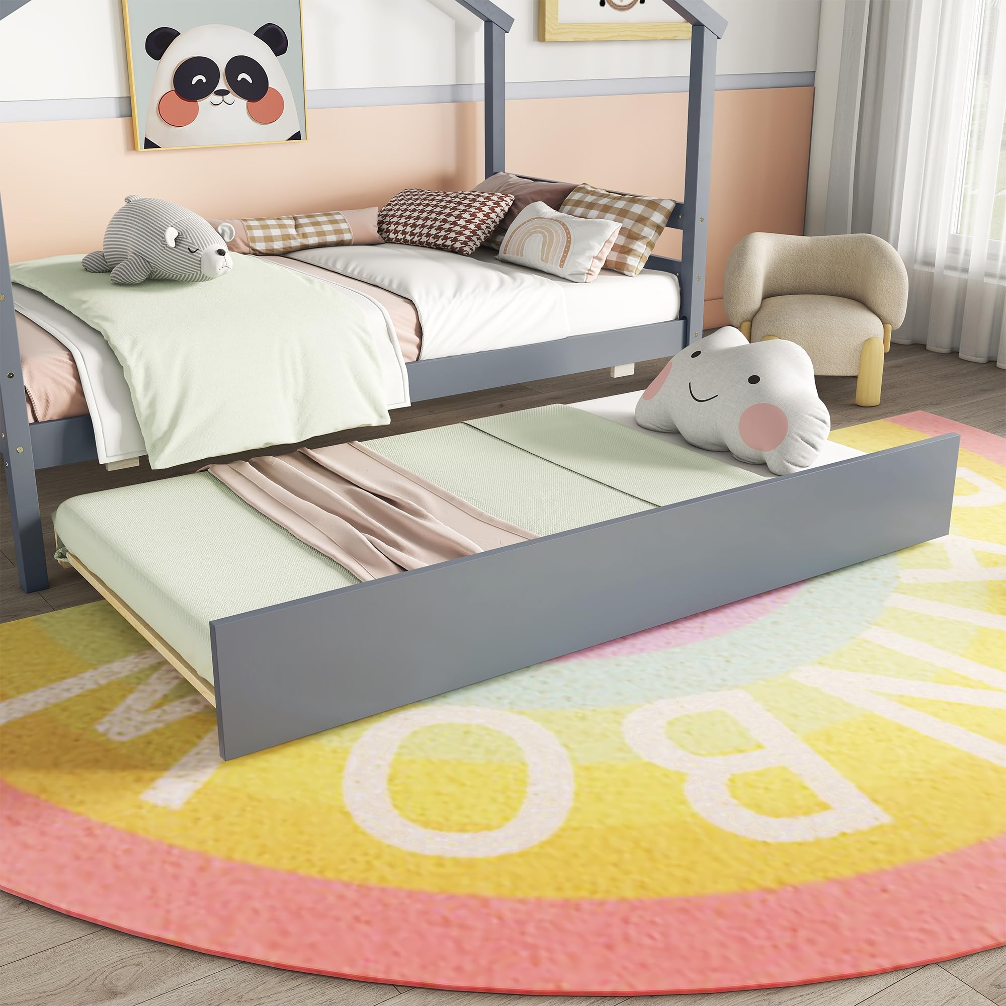 Montessori Twin House Bed with Trundle - Solid Wood Playhouse Bed Frame with Slats Support for Kids, Teens, Boys & Girls - Gray - Perfect for Bedrooms, Playrooms & Montessori Learning Spaces