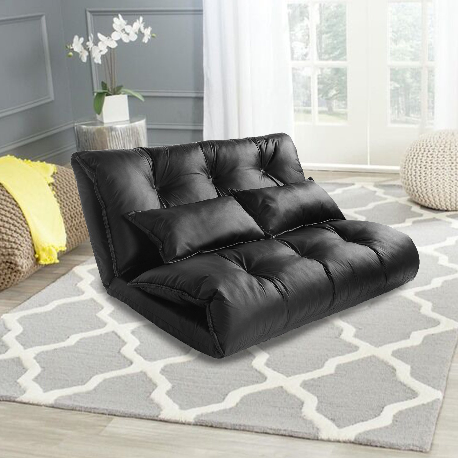 YSKWA Adjustable Floor Couch Sofa - 5 Reclining Positions, Foldable Chaise Lounge with 2 Pillows - Leather Floor Mattress for Living Room, Bedroom & Dorm - Perfect for Relaxing, Reading & Watching TV (Black)