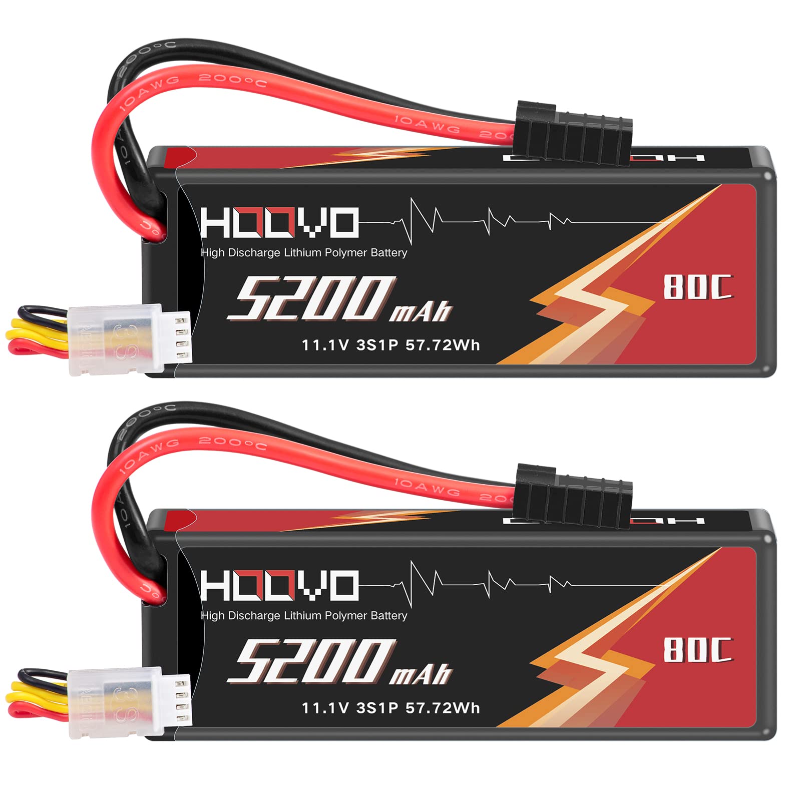 HOOVO 3S 11.1V 5200mAh 80C Lipo Battery with TR Plug - 2 Pack for RC Cars, Boats, Trucks, Truggy Racing, FPV Drones - High Performance Power for Hobbyists and Racing Enthusiasts