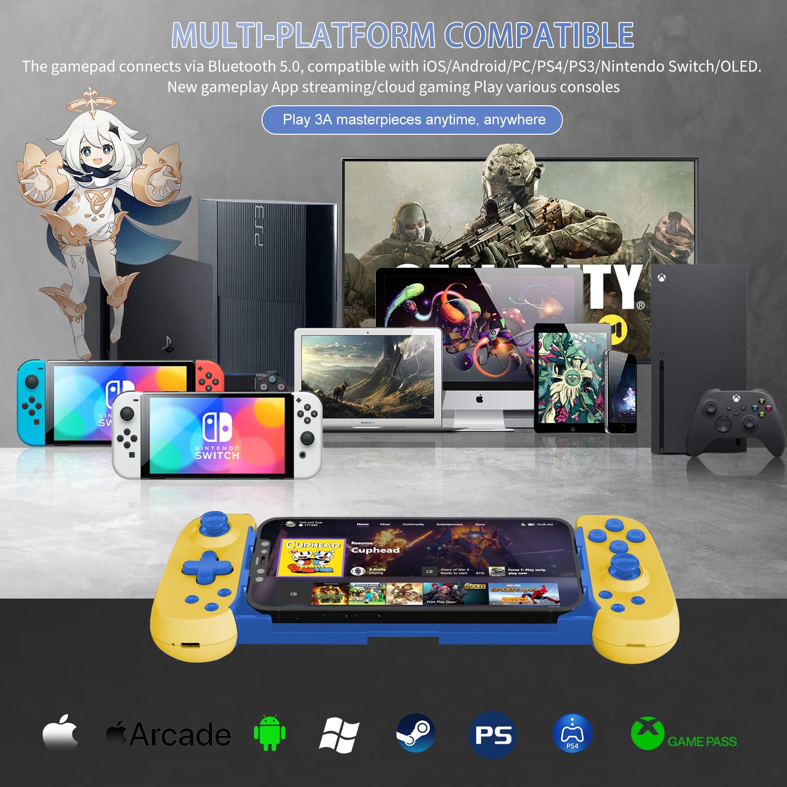 Wireless Gamepad for iPhone Android PC - Turbo Gyro Dual Motors - Gaming & Streaming on PS5 Xbox Switch - Yellow