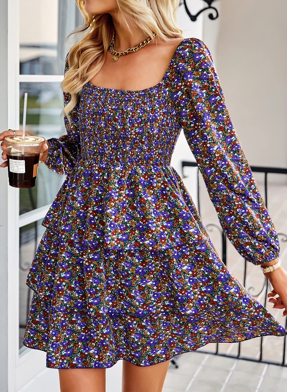 BTFBM Women's Floral Swiss Dot Square Neck Smocked Mini Dress - Long Sleeve Boho Wedding Guest Dress for Spring Summer 2025 | Perfect for Garden Parties, Bridal Showers & Casual Date Nights
